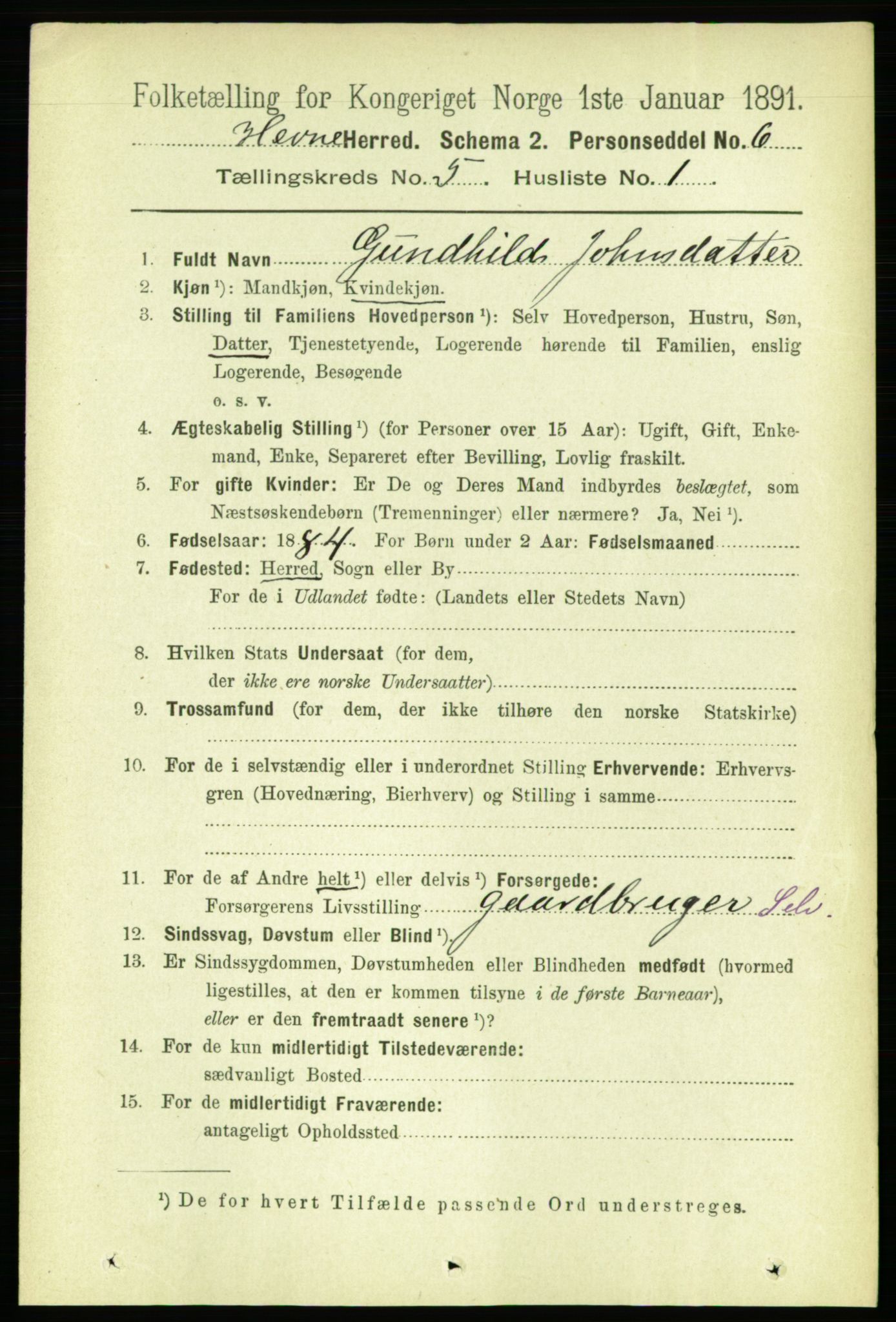 RA, 1891 census for 1612 Hemne, 1891, p. 2485