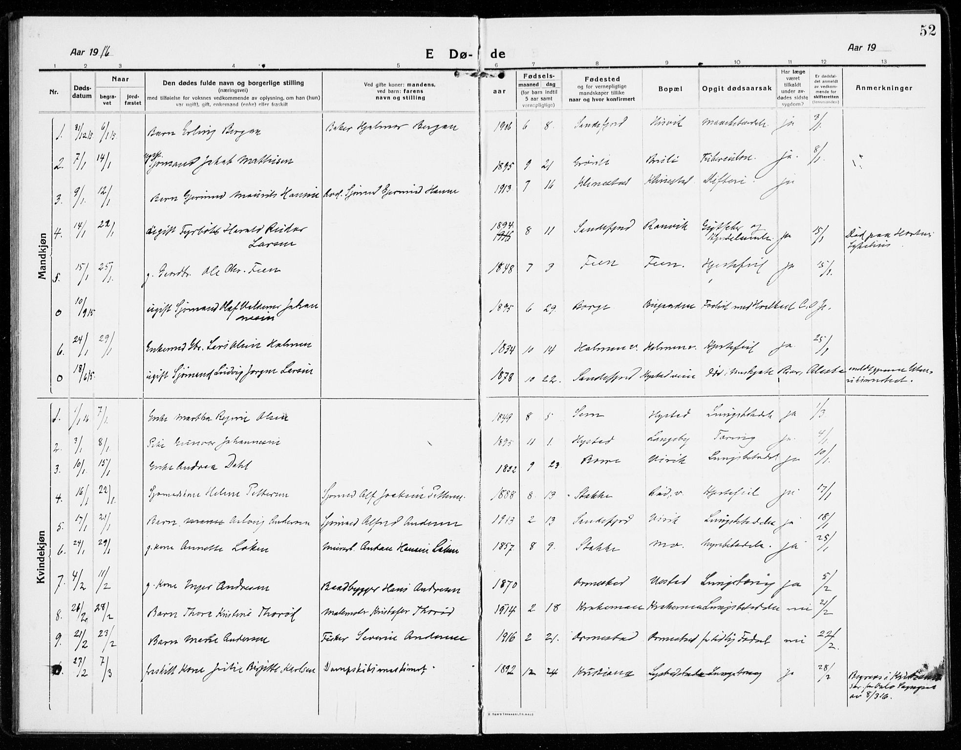 Sandar kirkebøker, SAKO/A-243/F/Fa/L0020: Parish register (official) no. 20, 1915-1919, p. 52
