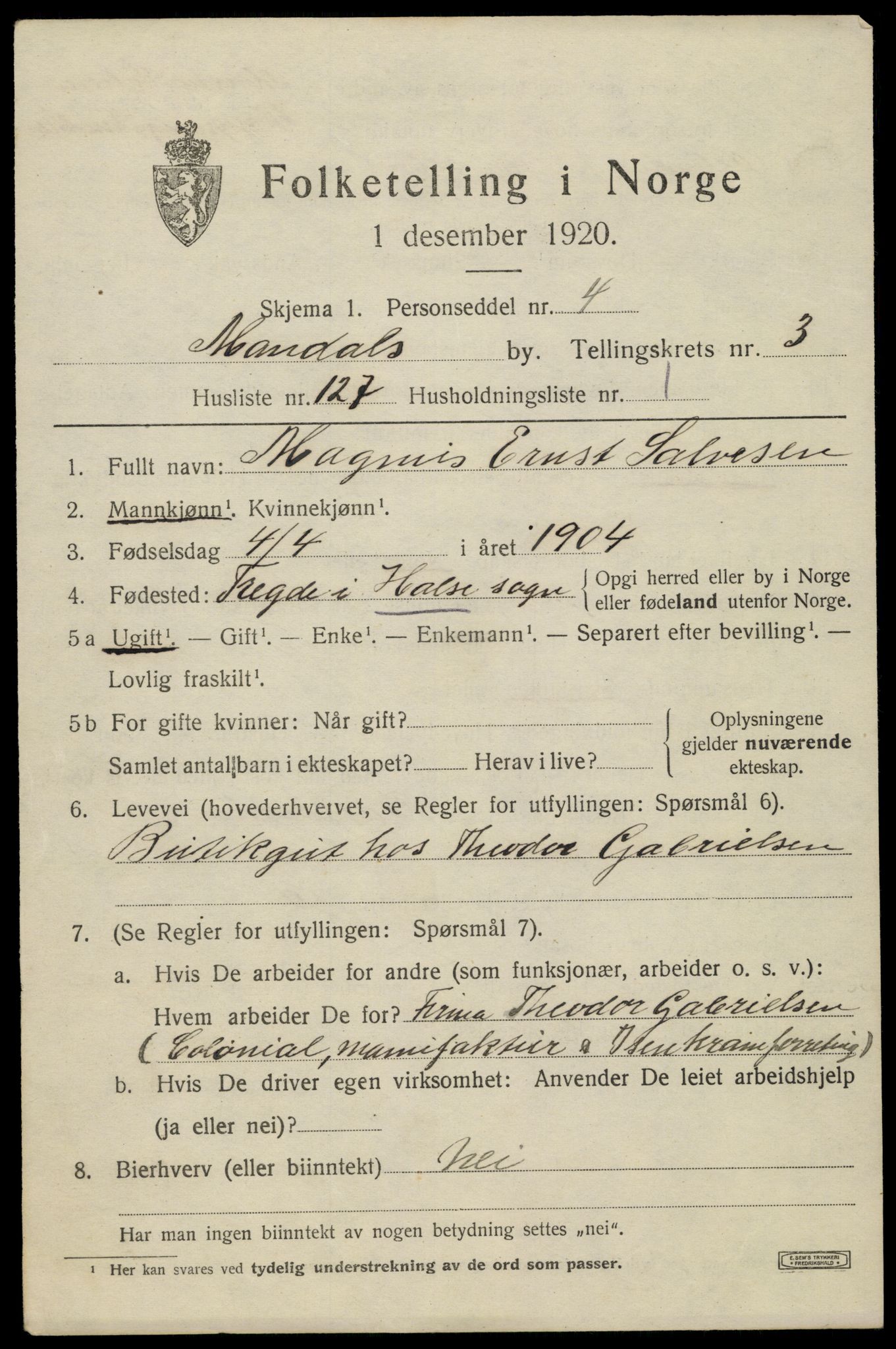 SAK, 1920 census for Mandal, 1920, p. 6899