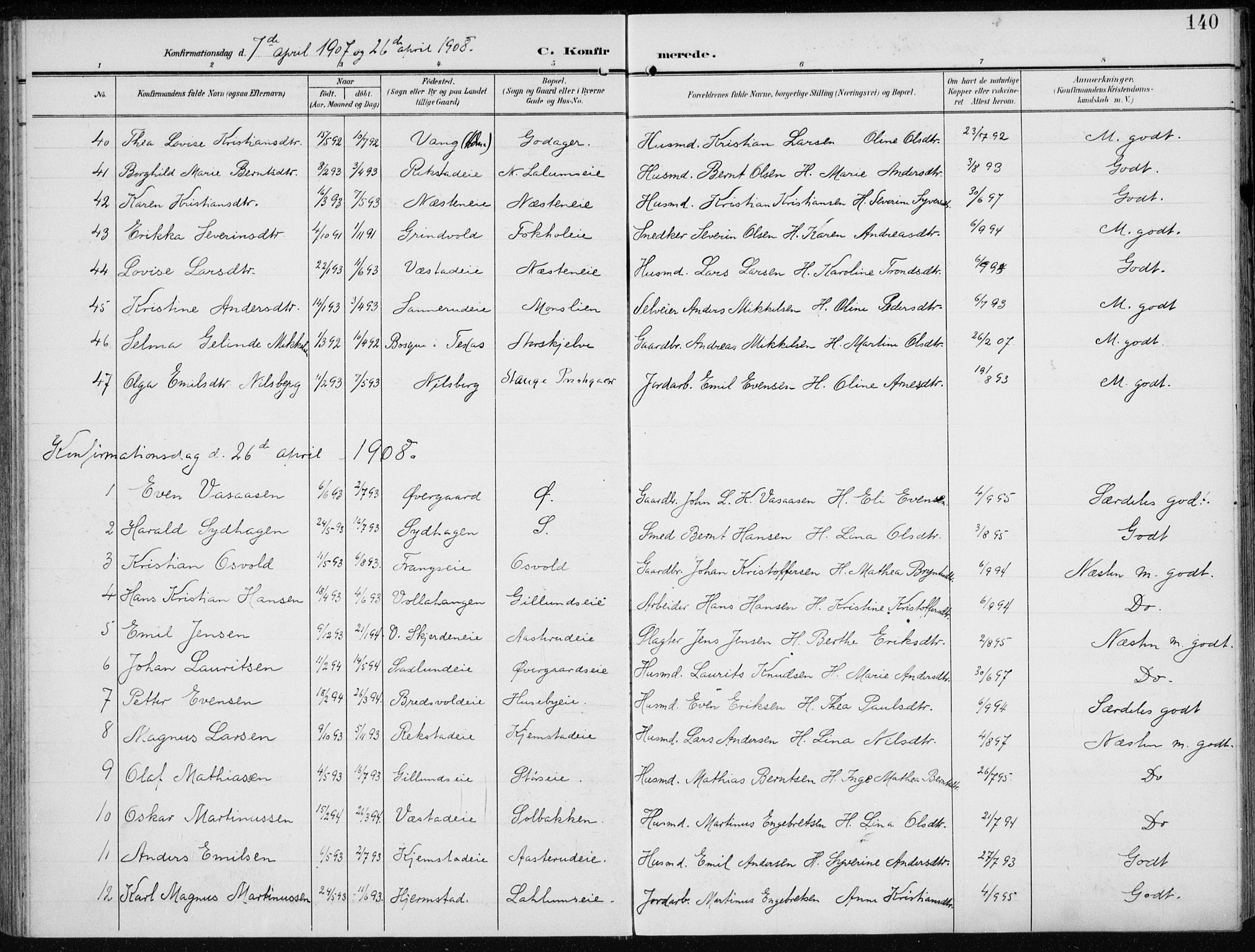 Stange prestekontor, AV/SAH-PREST-002/K/L0024: Parish register (official) no. 24, 1906-1922, p. 140