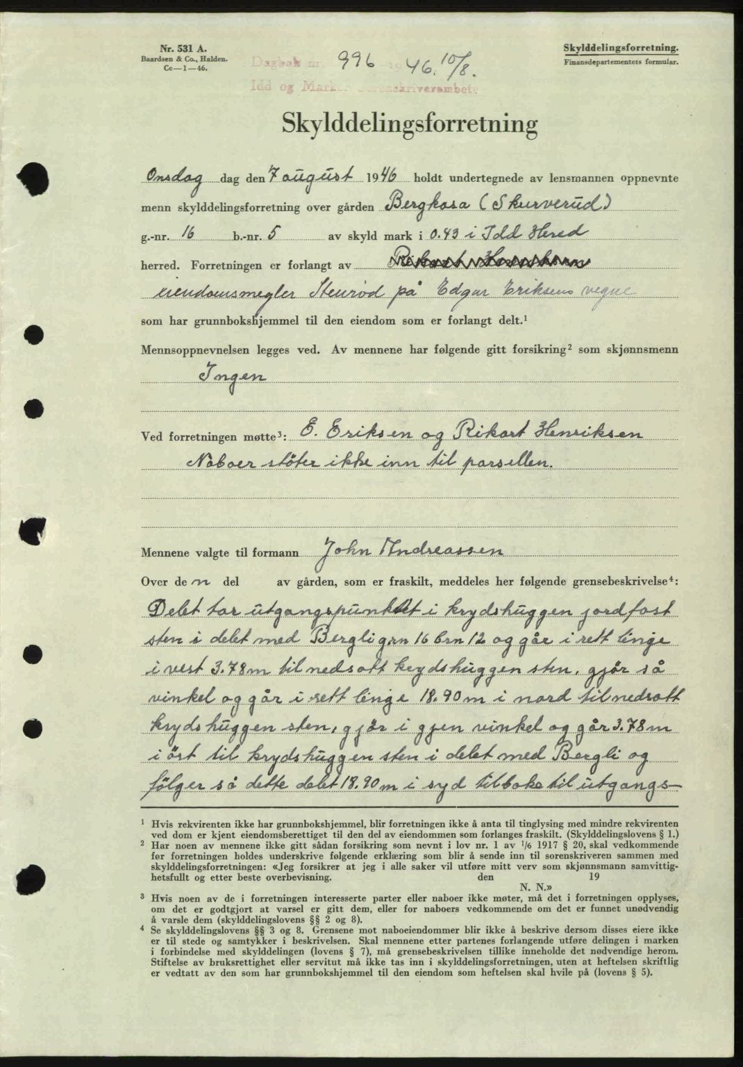 Idd og Marker sorenskriveri, AV/SAO-A-10283/G/Gb/Gbb/L0008: Mortgage book no. A8, 1946-1946, Diary no: : 996/1946