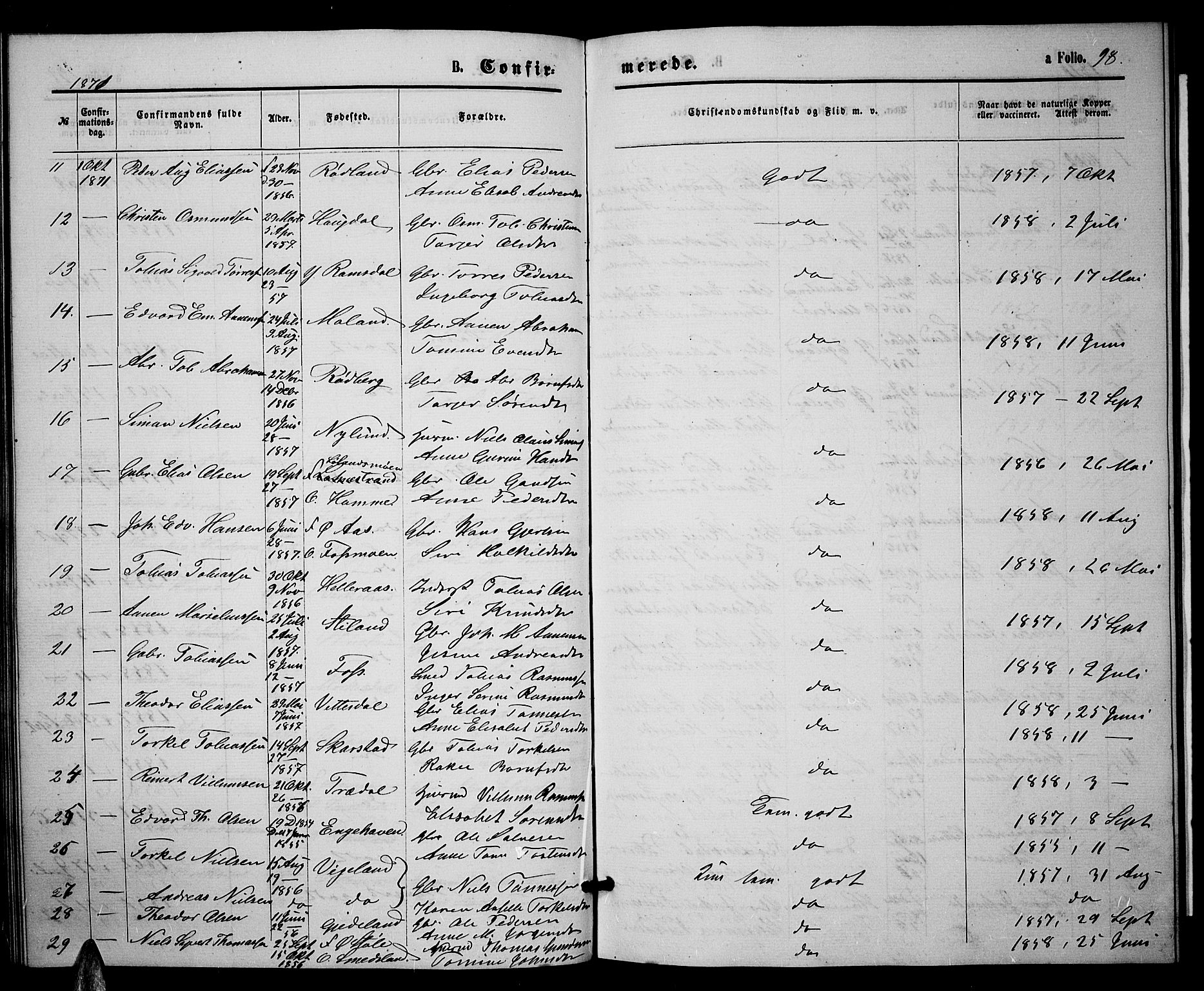 Sør-Audnedal sokneprestkontor, AV/SAK-1111-0039/F/Fb/Fbb/L0004: Parish register (copy) no. B 4, 1868-1879, p. 98