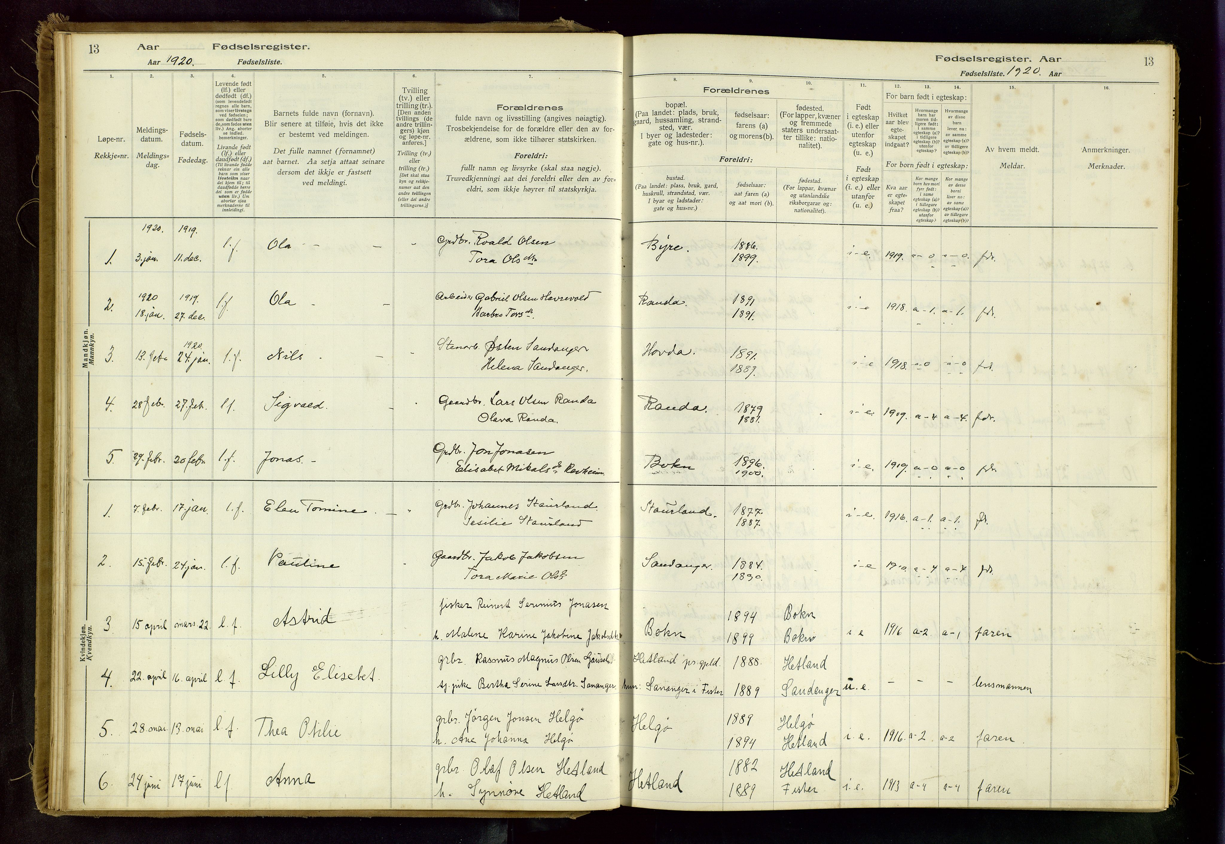 Hjelmeland sokneprestkontor, AV/SAST-A-101843/02/B/L0003: Birth register no. 3, 1916-1997, p. 13