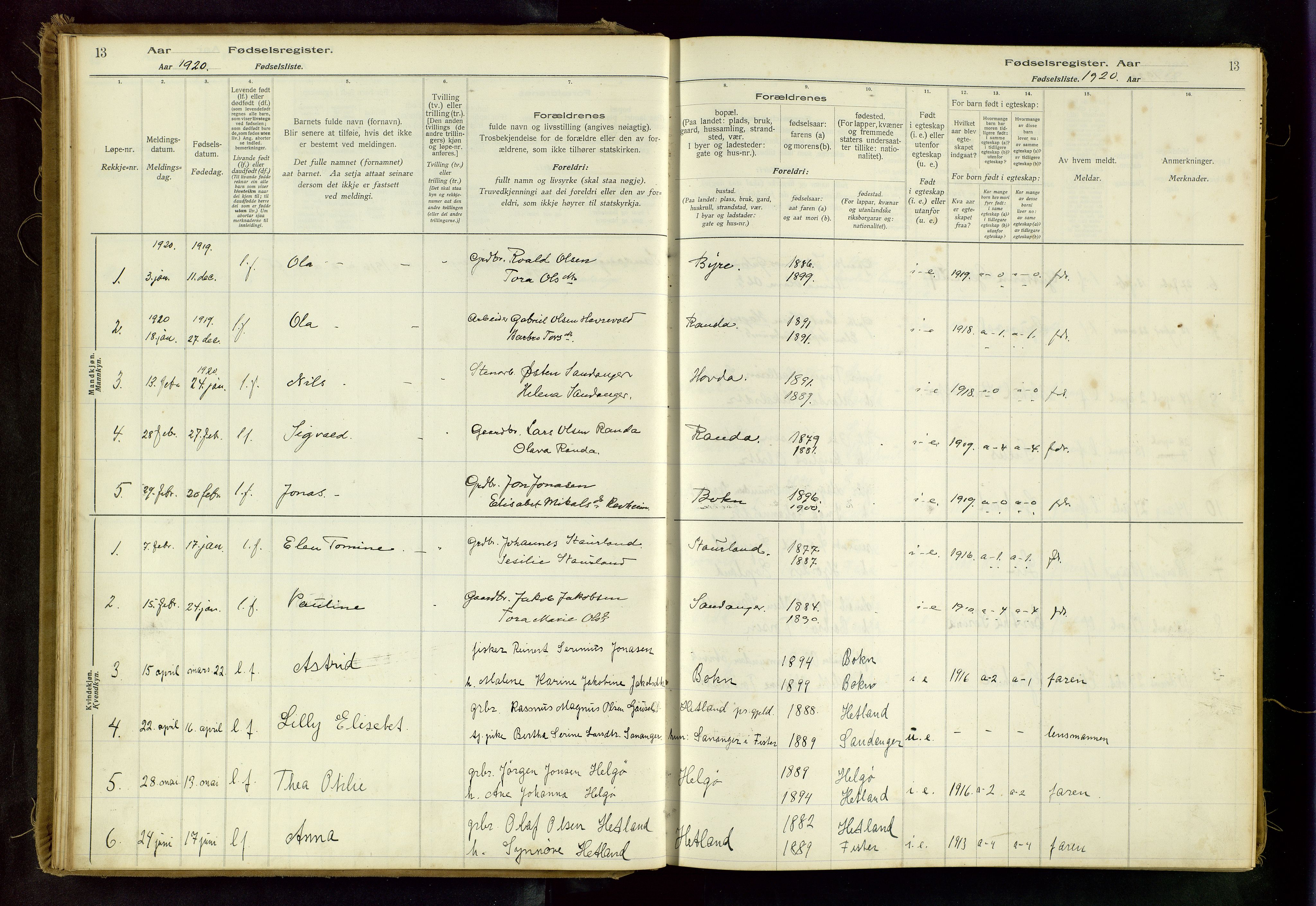 Hjelmeland sokneprestkontor, SAST/A-101843/02/B/L0003: Birth register no. 3, 1916-1997, p. 13