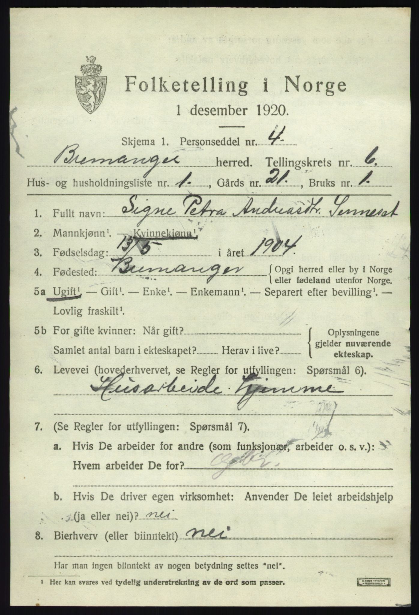 SAB, 1920 census for Bremanger, 1920, p. 4004