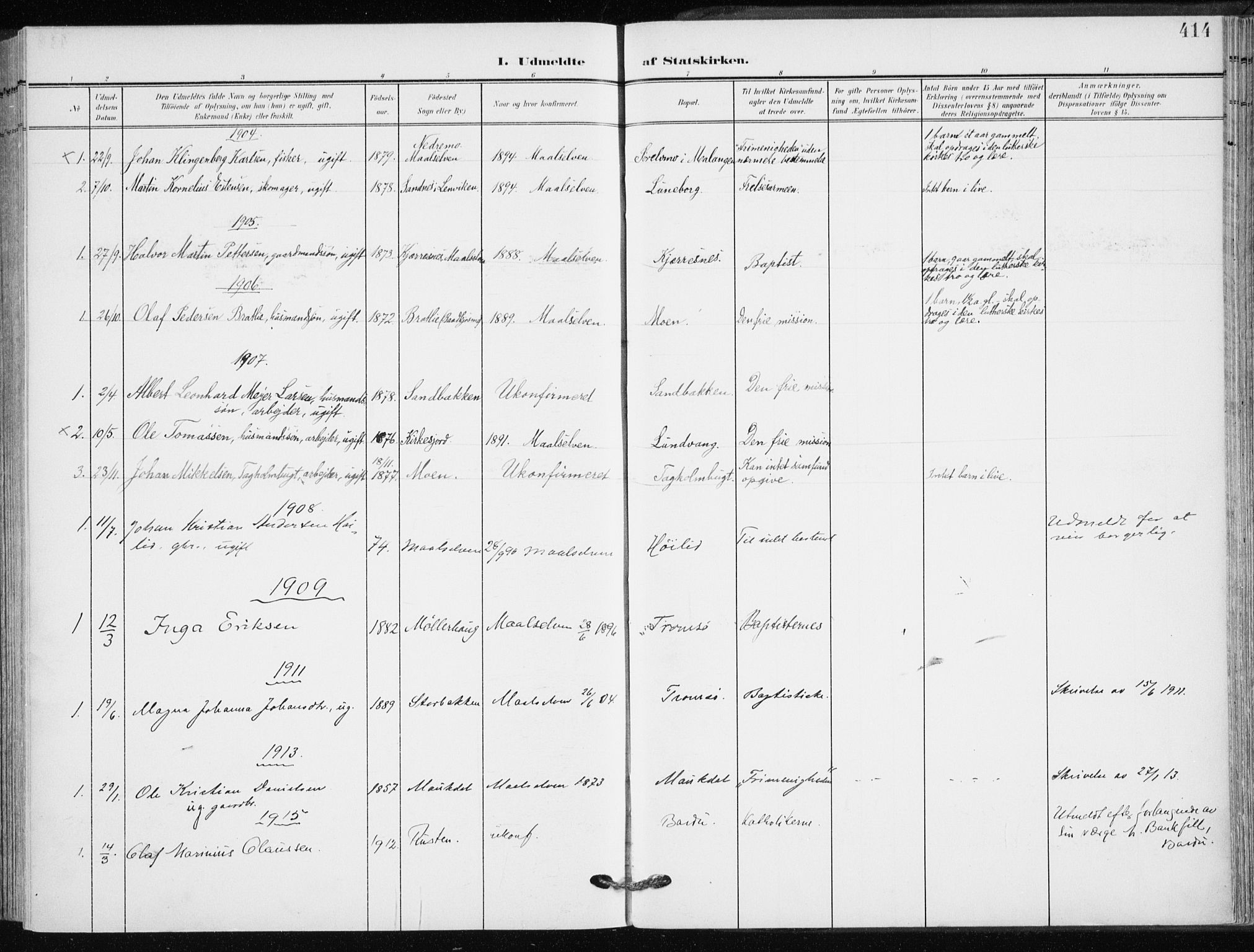 Målselv sokneprestembete, AV/SATØ-S-1311/G/Ga/Gaa/L0011kirke: Parish register (official) no. 11, 1904-1918, p. 414