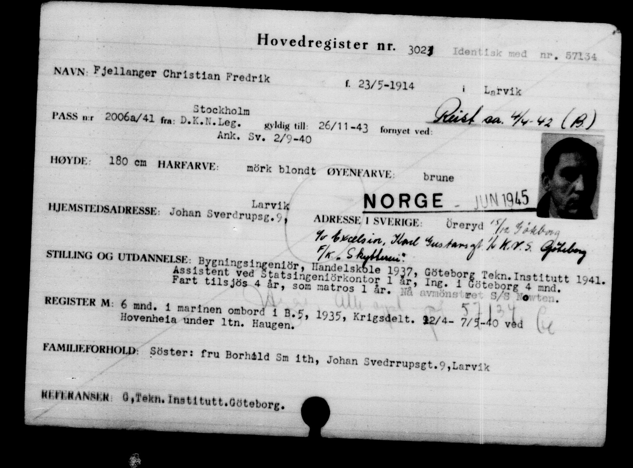 Utenriksstasjonene, Legasjonen i Stockholm, Flyktningkontoret, AV/RA-S-6753/V/Va/L0003: Kjesäterkartoteket, flyktninger med registreringsnr. 2001-3495, 1940-1945, p. 1443