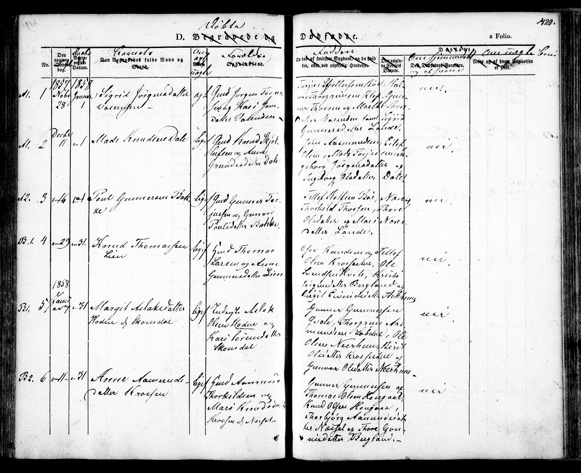 Bygland sokneprestkontor, SAK/1111-0006/F/Fa/Fab/L0004: Parish register (official) no. A 4, 1842-1858, p. 420
