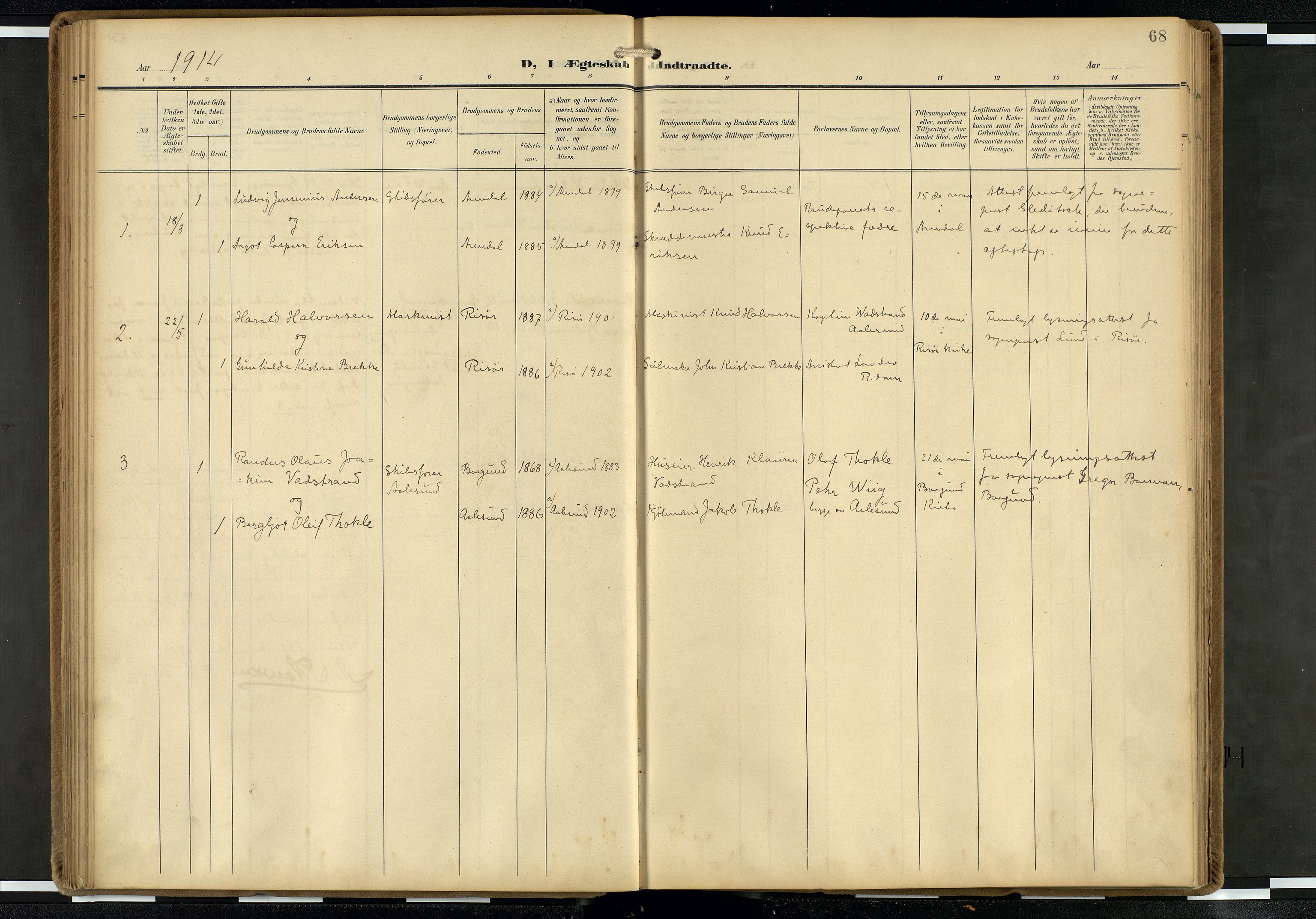 Den norske sjømannsmisjon i utlandet/Hollandske havner (Amsterdam-Rotterdam-Europort), AV/SAB-SAB/PA-0106/H/Ha/Haa/L0003: Parish register (official) no. A 3, 1908-1927, p. 67b-68a