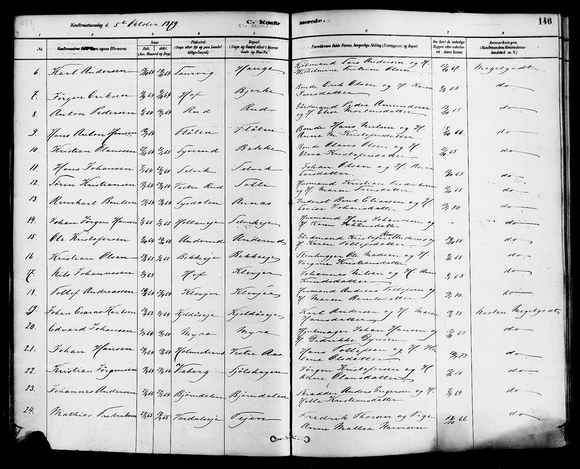 Sande Kirkebøker, SAKO/A-53/F/Fa/L0006: Parish register (official) no. 6, 1878-1888, p. 146