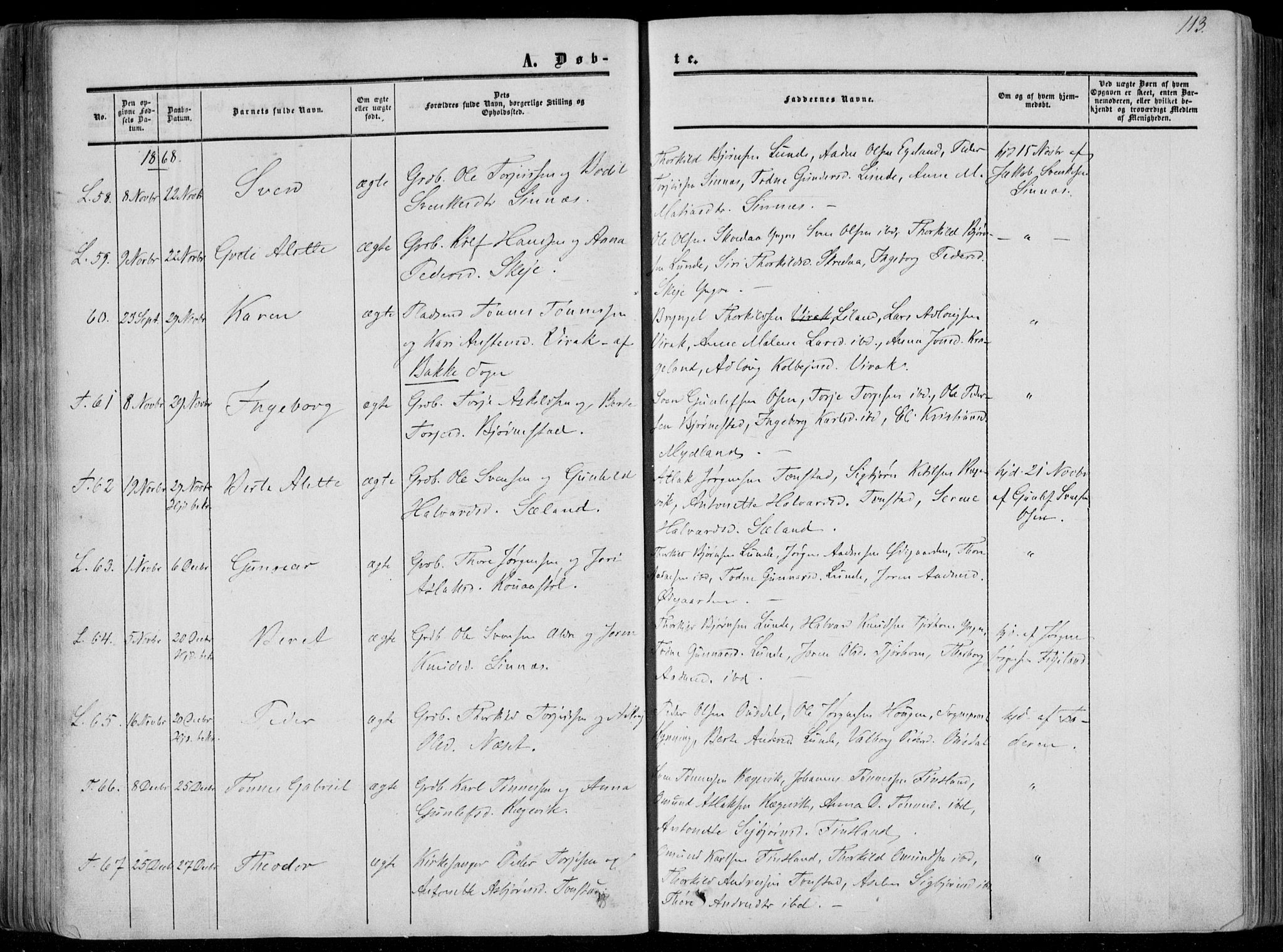 Sirdal sokneprestkontor, AV/SAK-1111-0036/F/Fa/Fab/L0002: Parish register (official) no. A 2, 1855-1874, p. 113