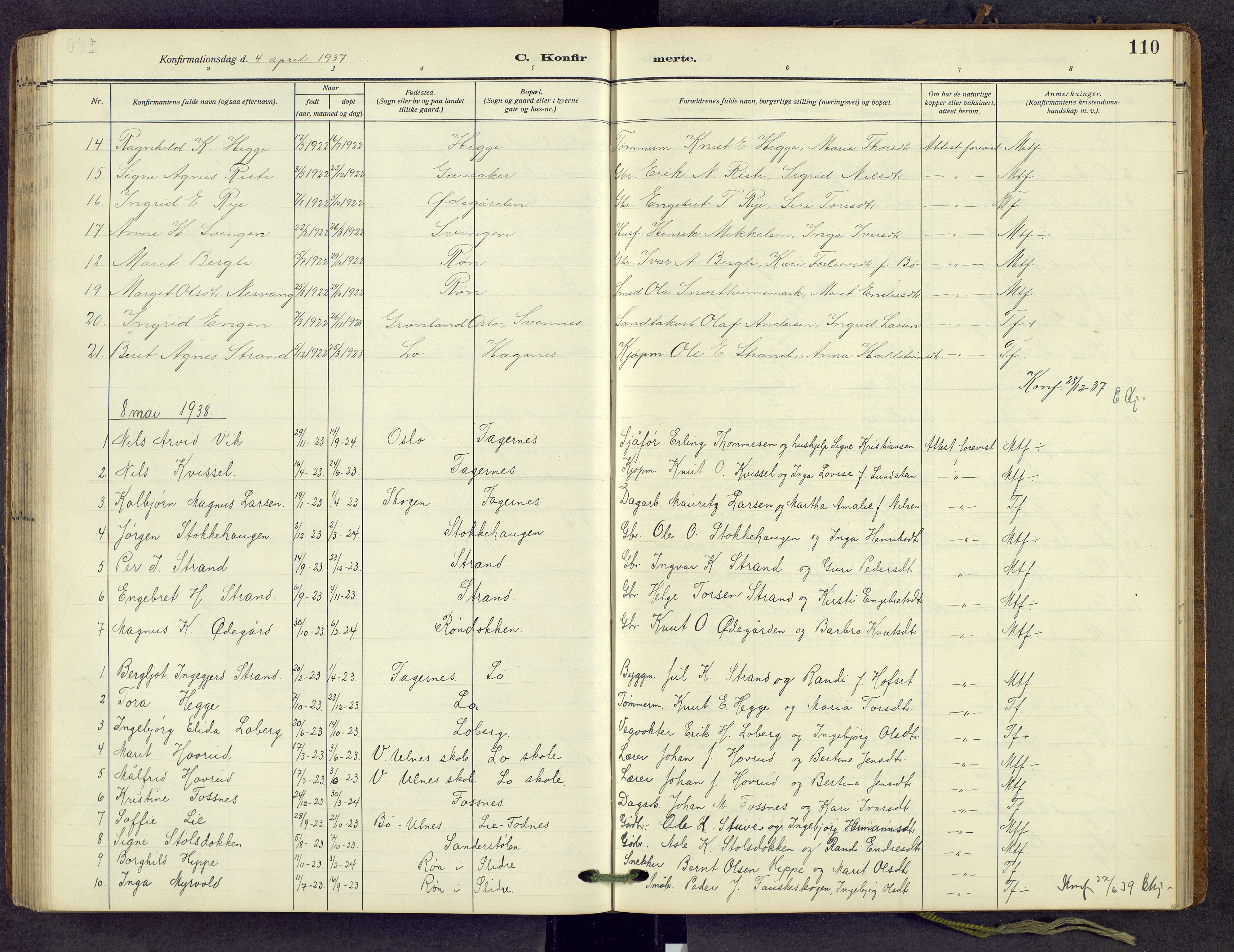 Nord-Aurdal prestekontor, AV/SAH-PREST-132/H/Ha/Hab/L0013: Parish register (copy) no. 13, 1911-1948, p. 110