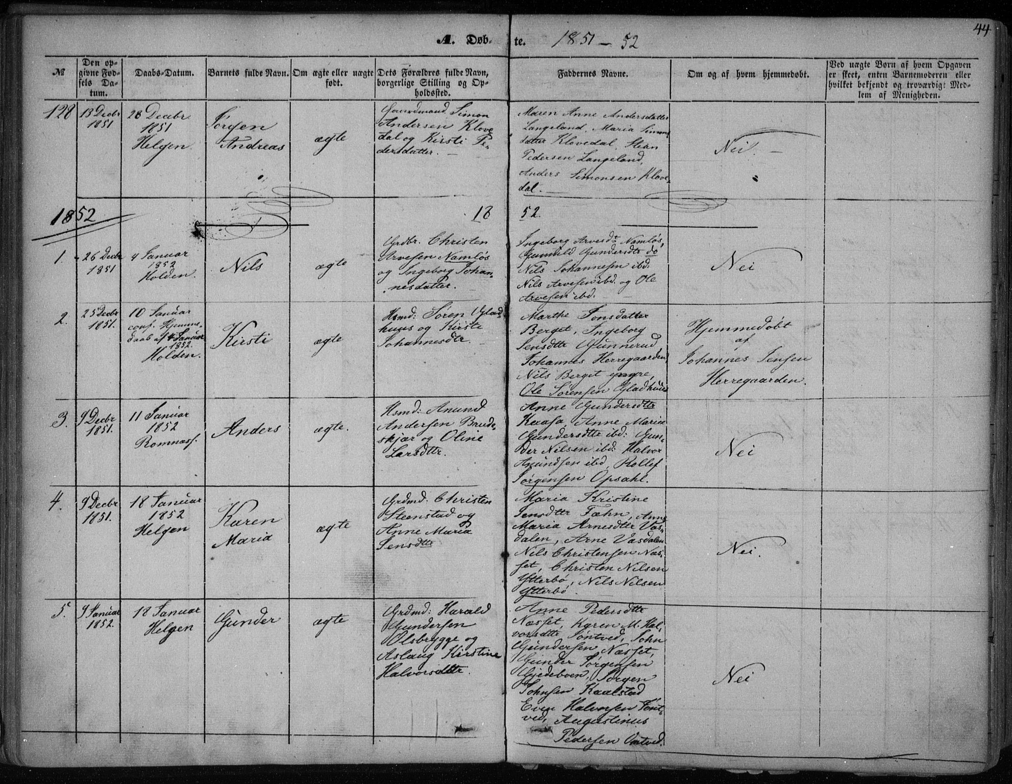 Holla kirkebøker, SAKO/A-272/F/Fa/L0005: Parish register (official) no. 5, 1849-1860, p. 44