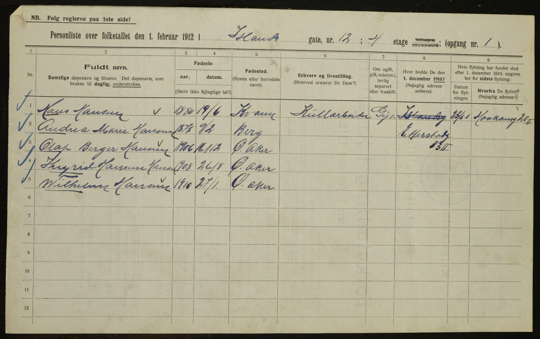 OBA, Municipal Census 1912 for Kristiania, 1912, p. 45084