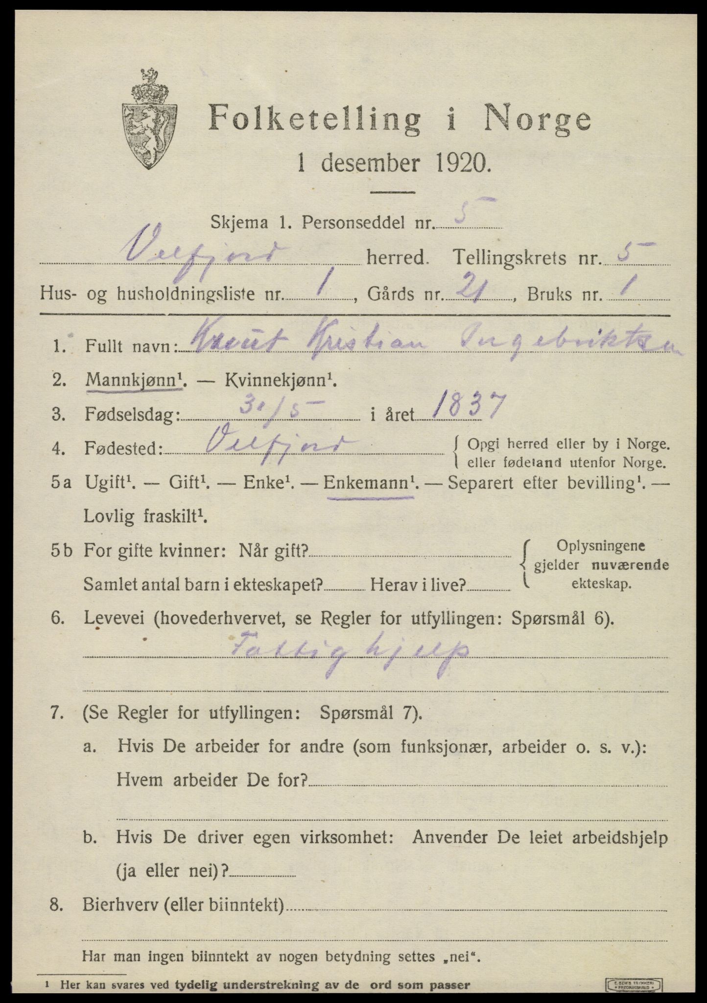 SAT, 1920 census for Velfjord, 1920, p. 3093