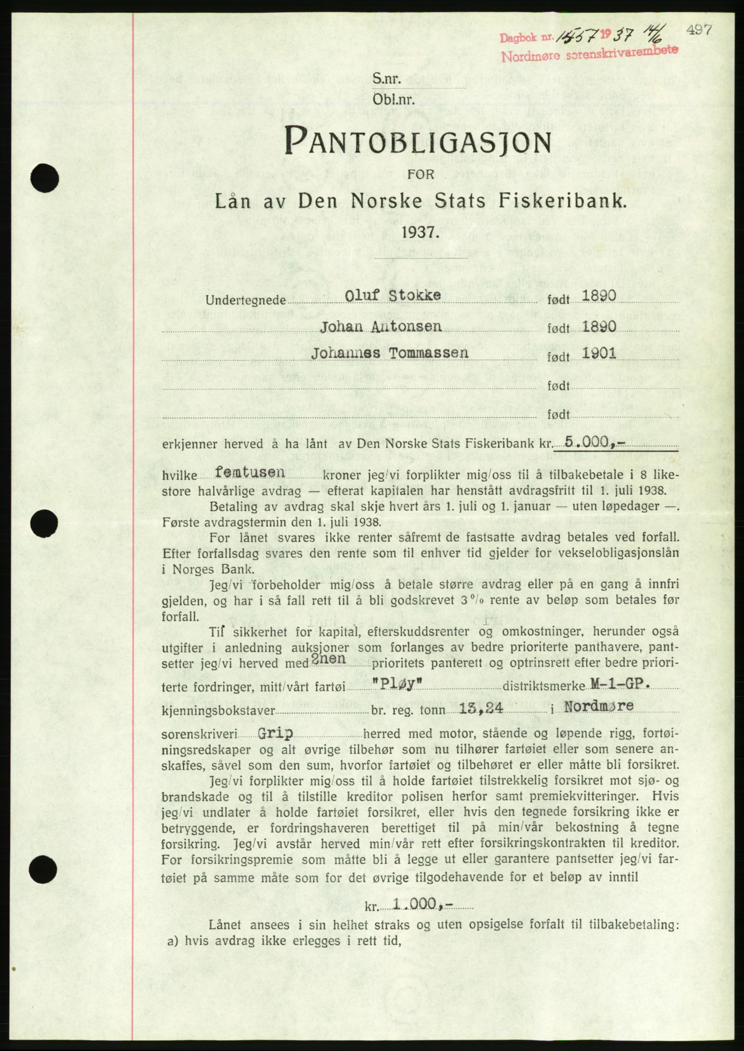 Nordmøre sorenskriveri, AV/SAT-A-4132/1/2/2Ca/L0091: Mortgage book no. B81, 1937-1937, Diary no: : 1557/1937