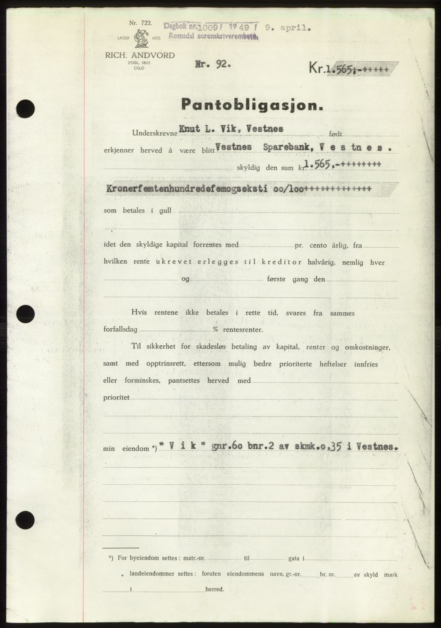 Romsdal sorenskriveri, AV/SAT-A-4149/1/2/2C: Mortgage book no. B4, 1948-1949, Diary no: : 1009/1949