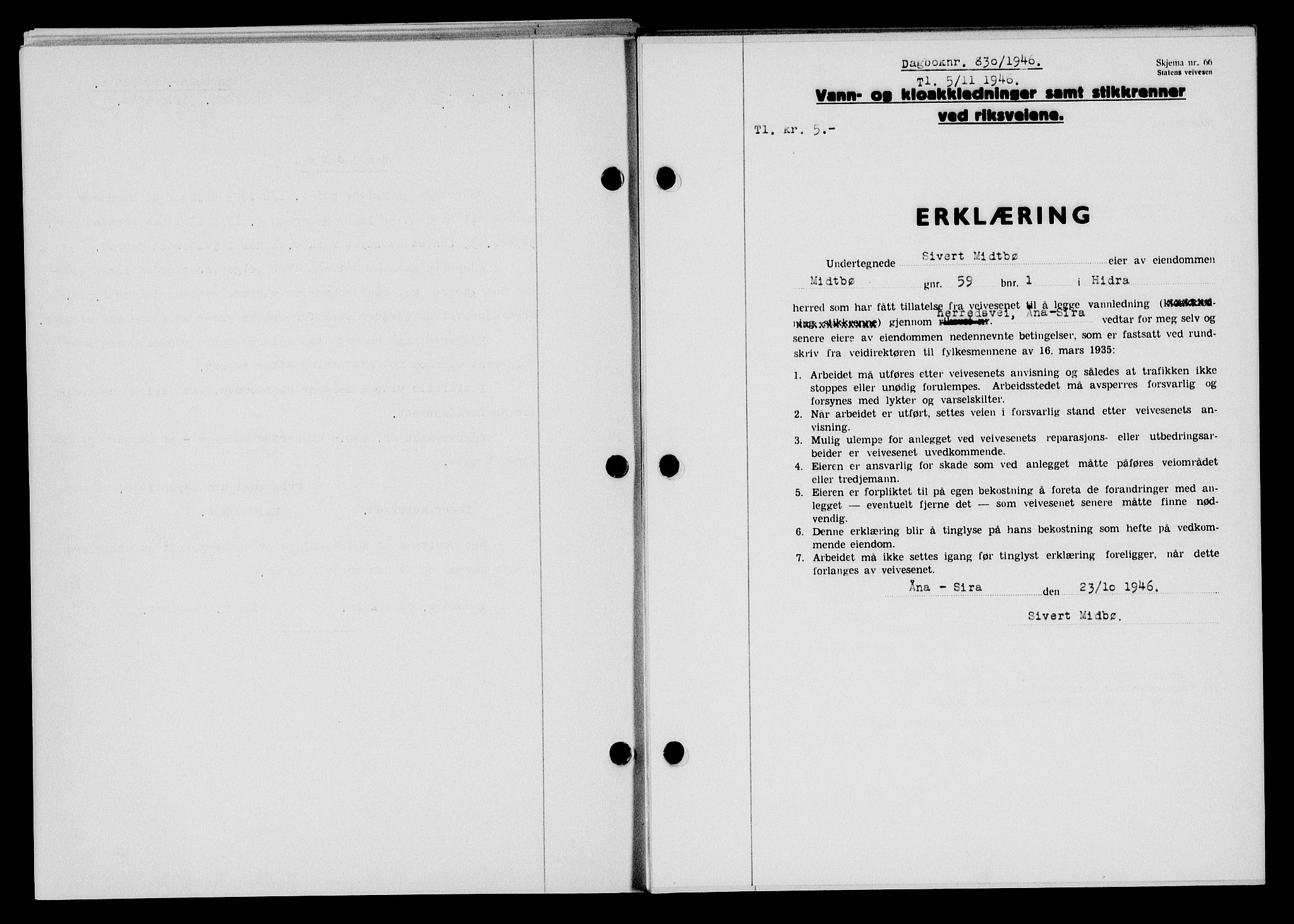 Flekkefjord sorenskriveri, AV/SAK-1221-0001/G/Gb/Gba/L0061: Mortgage book no. A-9, 1946-1947, Diary no: : 830/1946