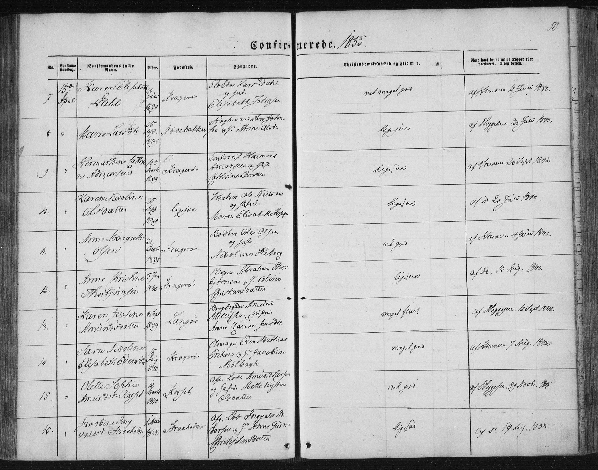 Kragerø kirkebøker, AV/SAKO-A-278/F/Fa/L0006: Parish register (official) no. 6, 1847-1861, p. 50