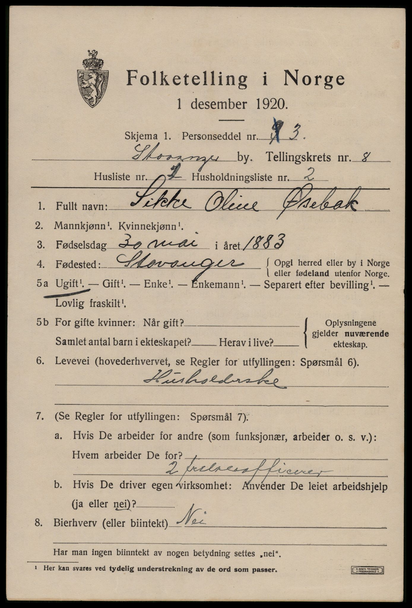 SAST, 1920 census for Stavanger, 1920, p. 47086