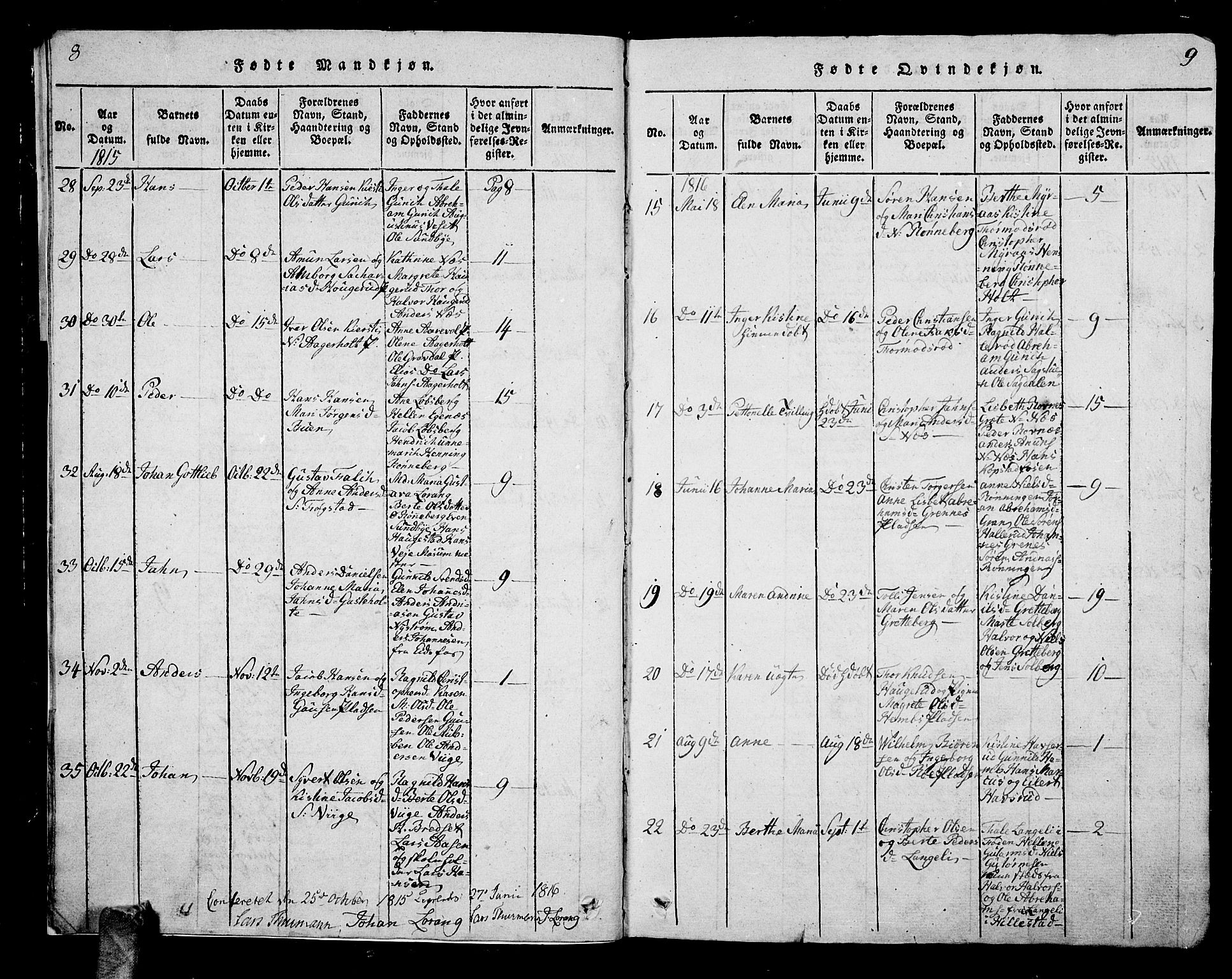 Hof kirkebøker, AV/SAKO-A-64/G/Ga/L0001: Parish register (copy) no. I 1, 1814-1844, p. 8-9