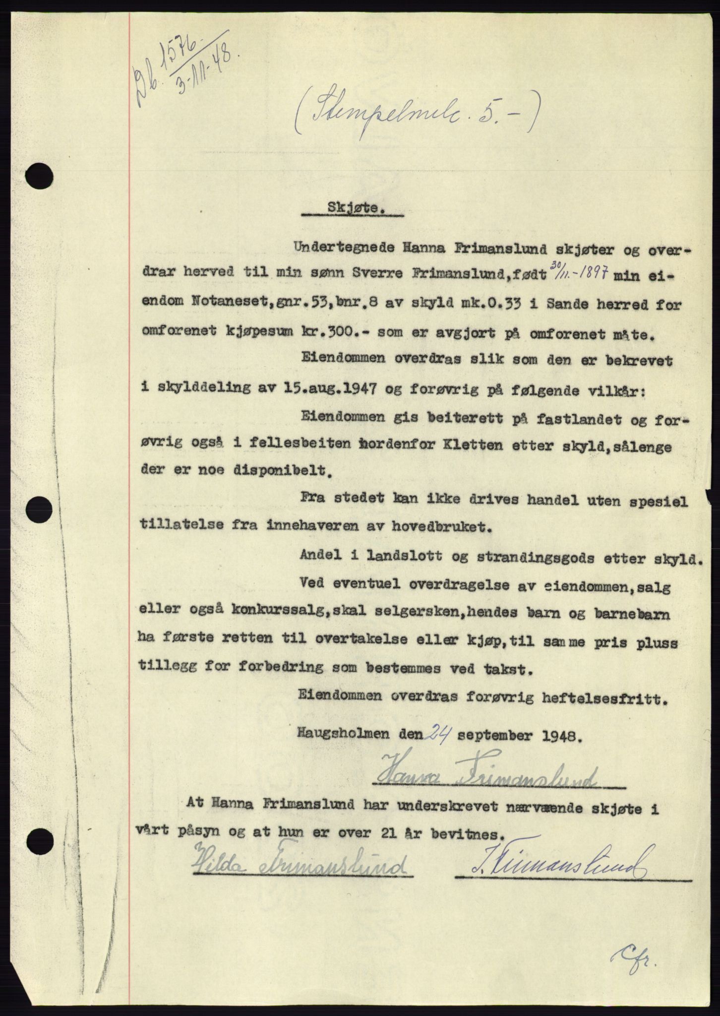 Søre Sunnmøre sorenskriveri, AV/SAT-A-4122/1/2/2C/L0083: Mortgage book no. 9A, 1948-1949, Diary no: : 1576/1948