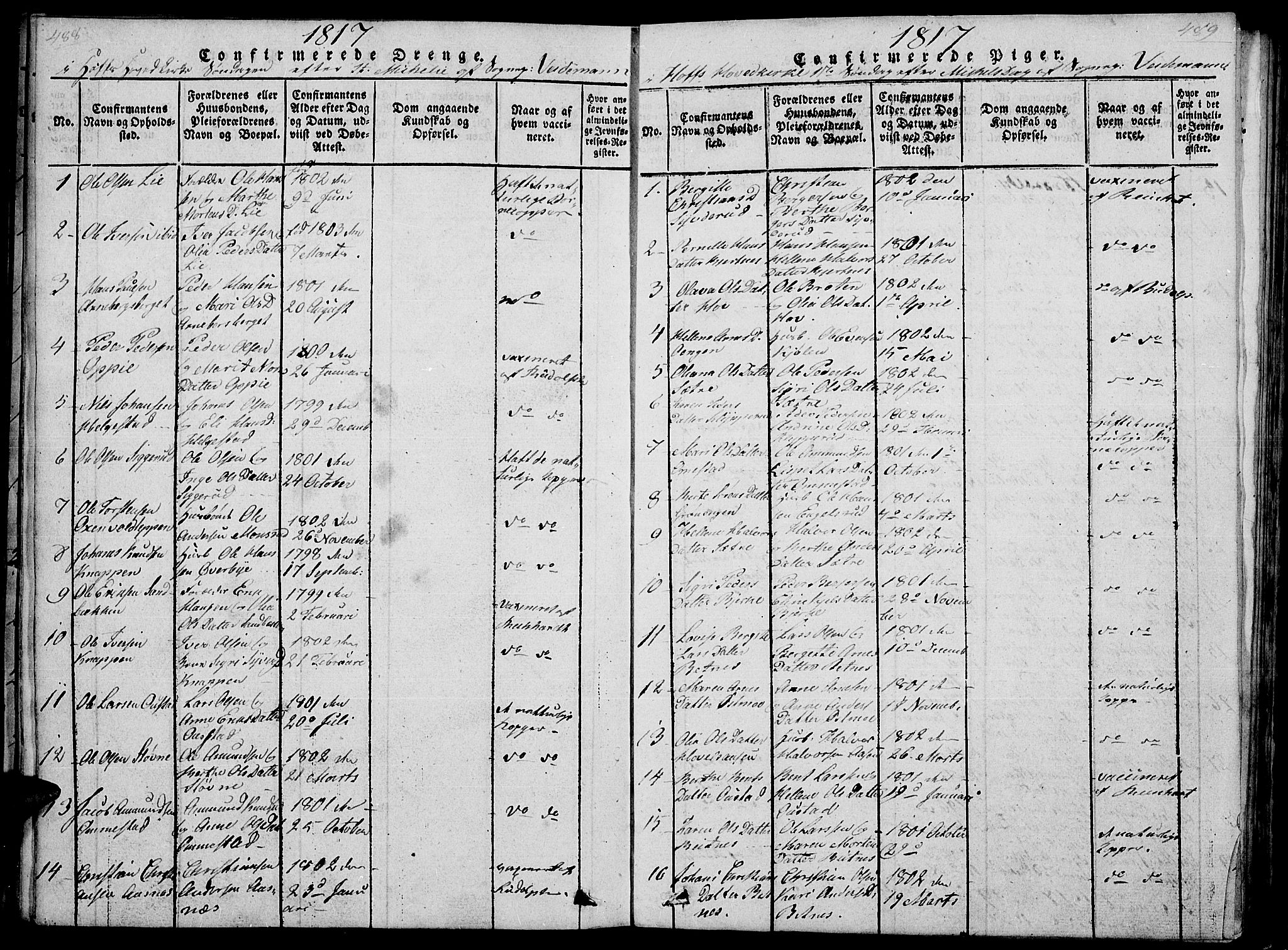 Hof prestekontor, SAH/PREST-038/H/Ha/Haa/L0005: Parish register (official) no. 5, 1816-1822, p. 488-489