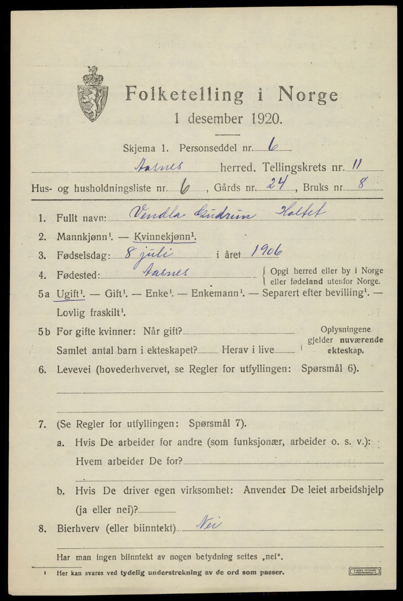 SAH, 1920 census for Åsnes, 1920, p. 11526