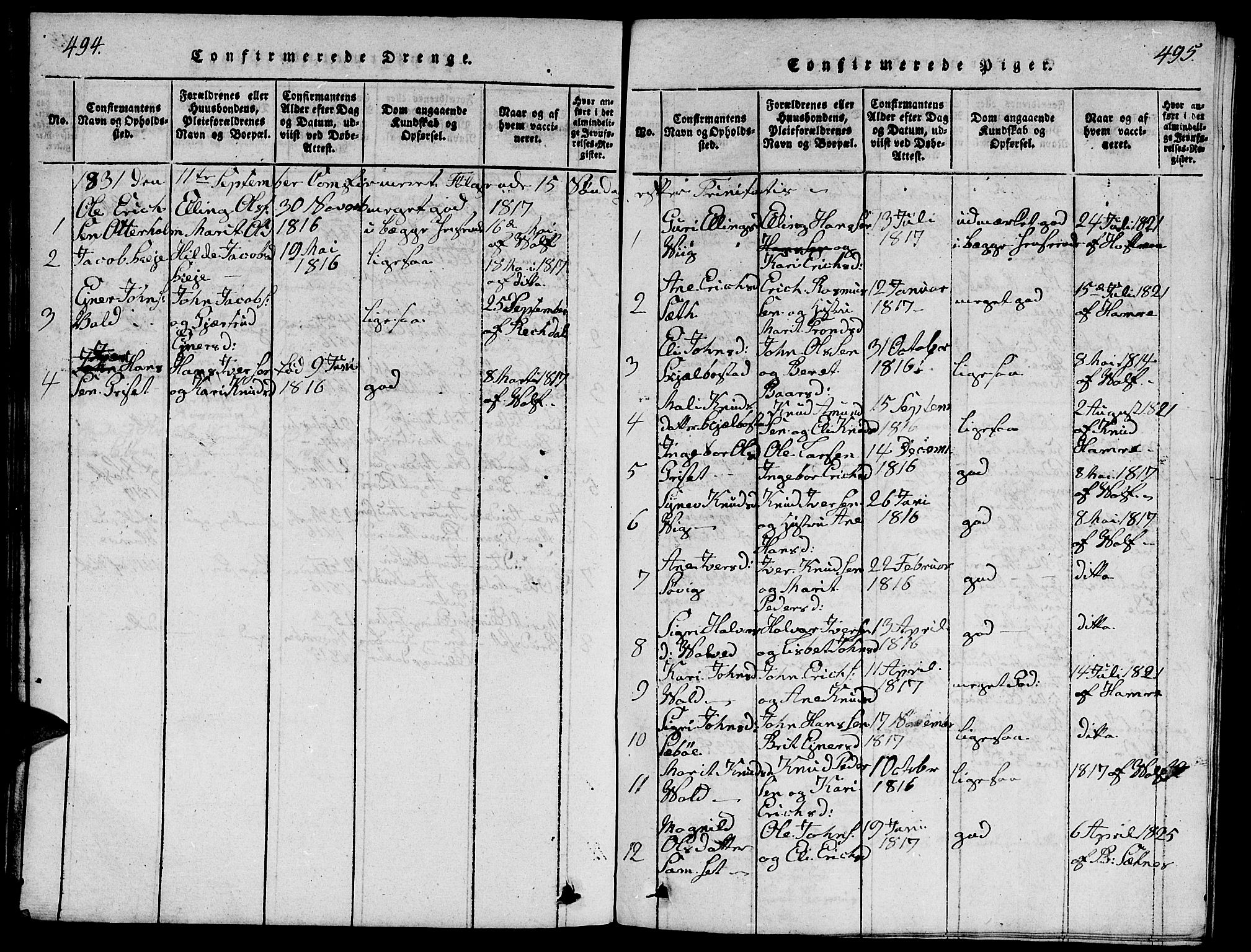 Ministerialprotokoller, klokkerbøker og fødselsregistre - Møre og Romsdal, SAT/A-1454/543/L0563: Parish register (copy) no. 543C01, 1818-1836, p. 494-495