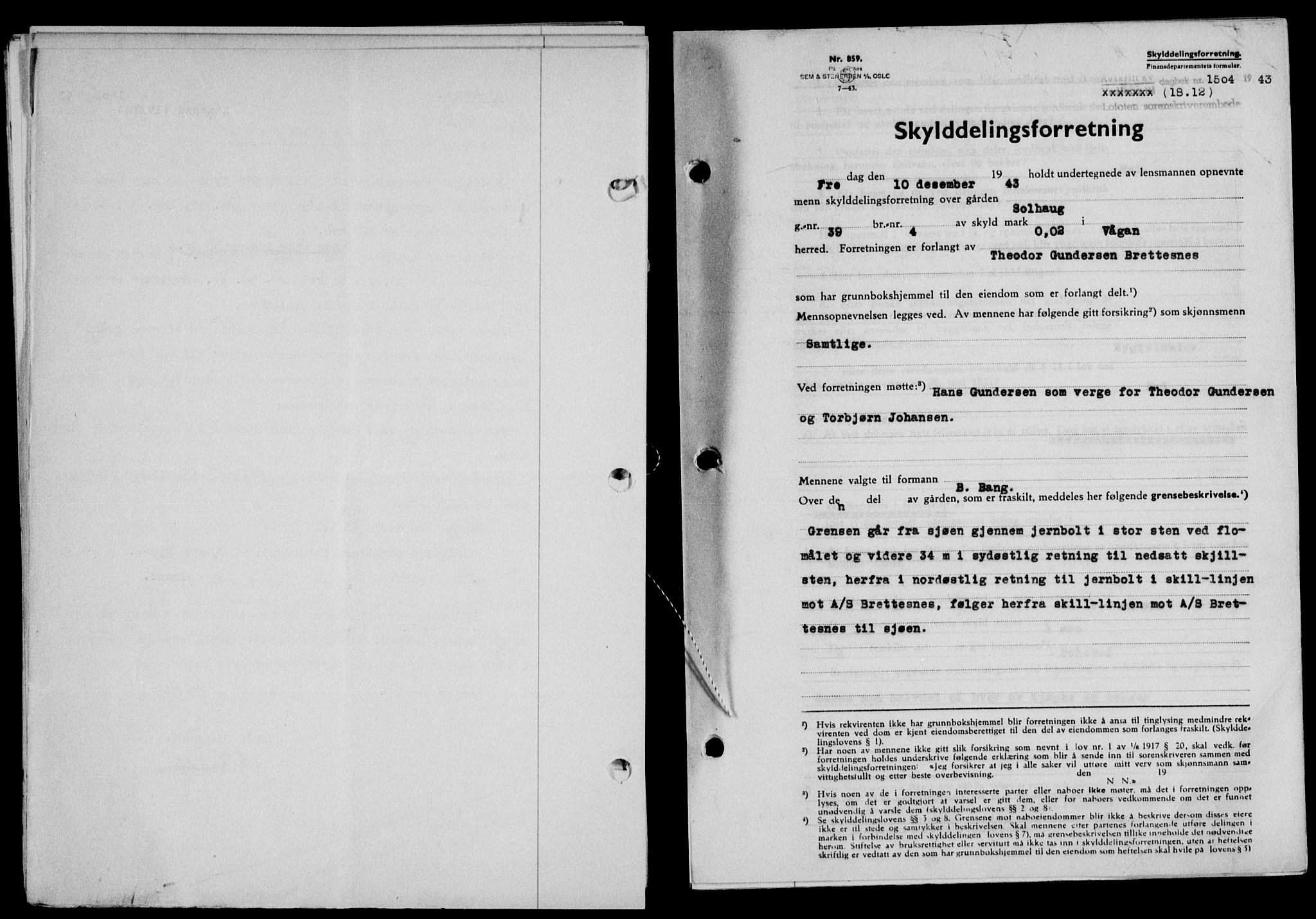 Lofoten sorenskriveri, SAT/A-0017/1/2/2C/L0012a: Mortgage book no. 12a, 1943-1944, Diary no: : 1504/1943