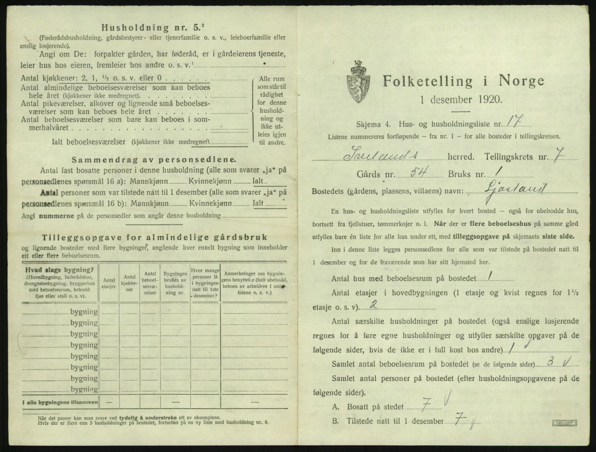 SAK, 1920 census for Iveland, 1920, p. 369