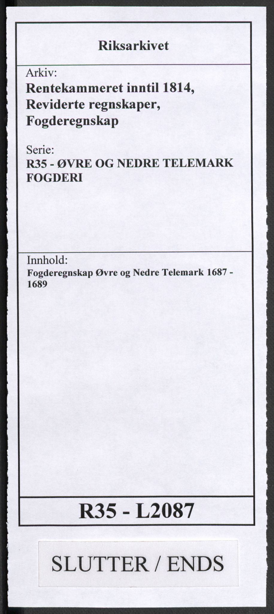 Rentekammeret inntil 1814, Reviderte regnskaper, Fogderegnskap, RA/EA-4092/R35/L2087: Fogderegnskap Øvre og Nedre Telemark, 1687-1689, p. 411