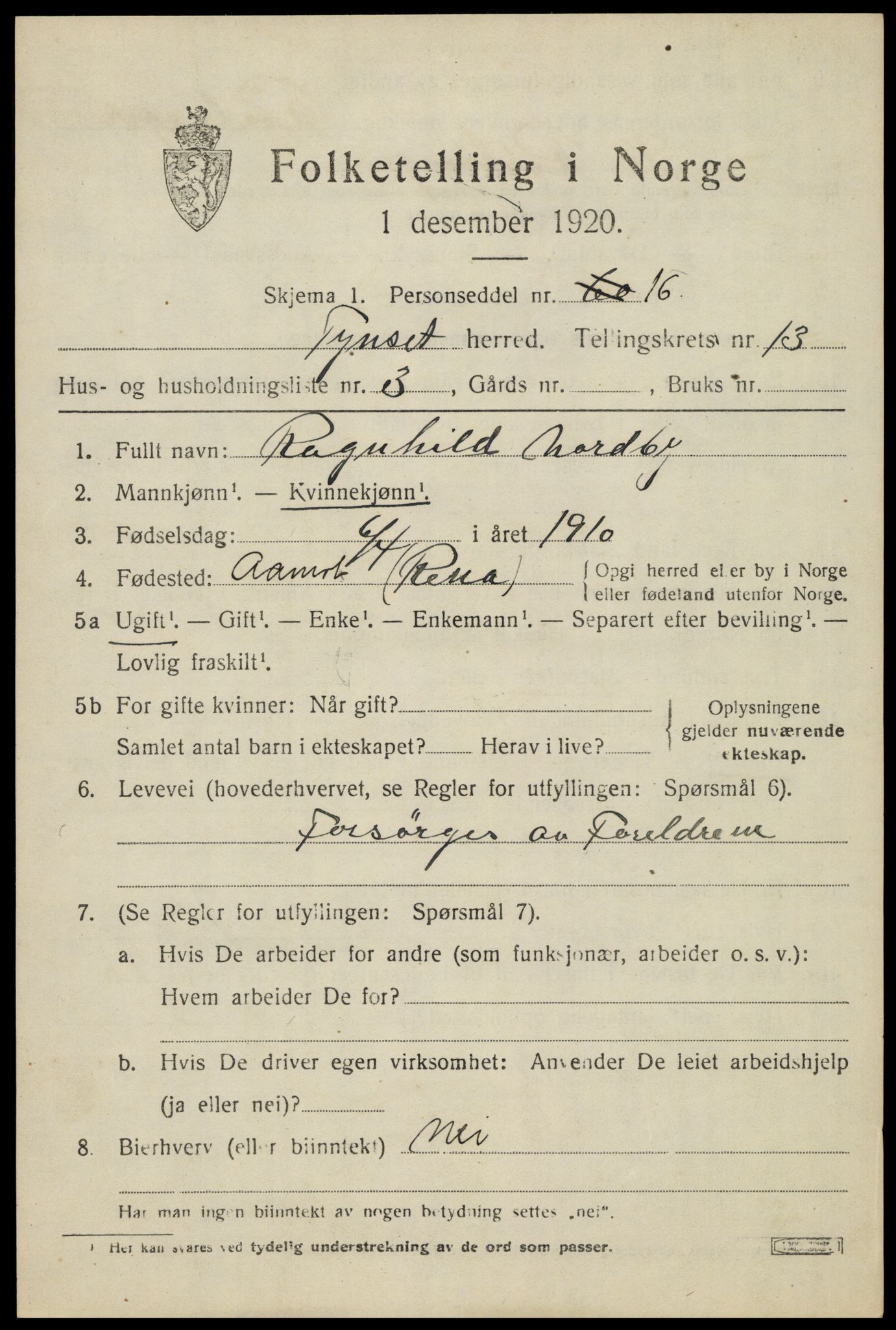 SAH, 1920 census for Tynset, 1920, p. 8618