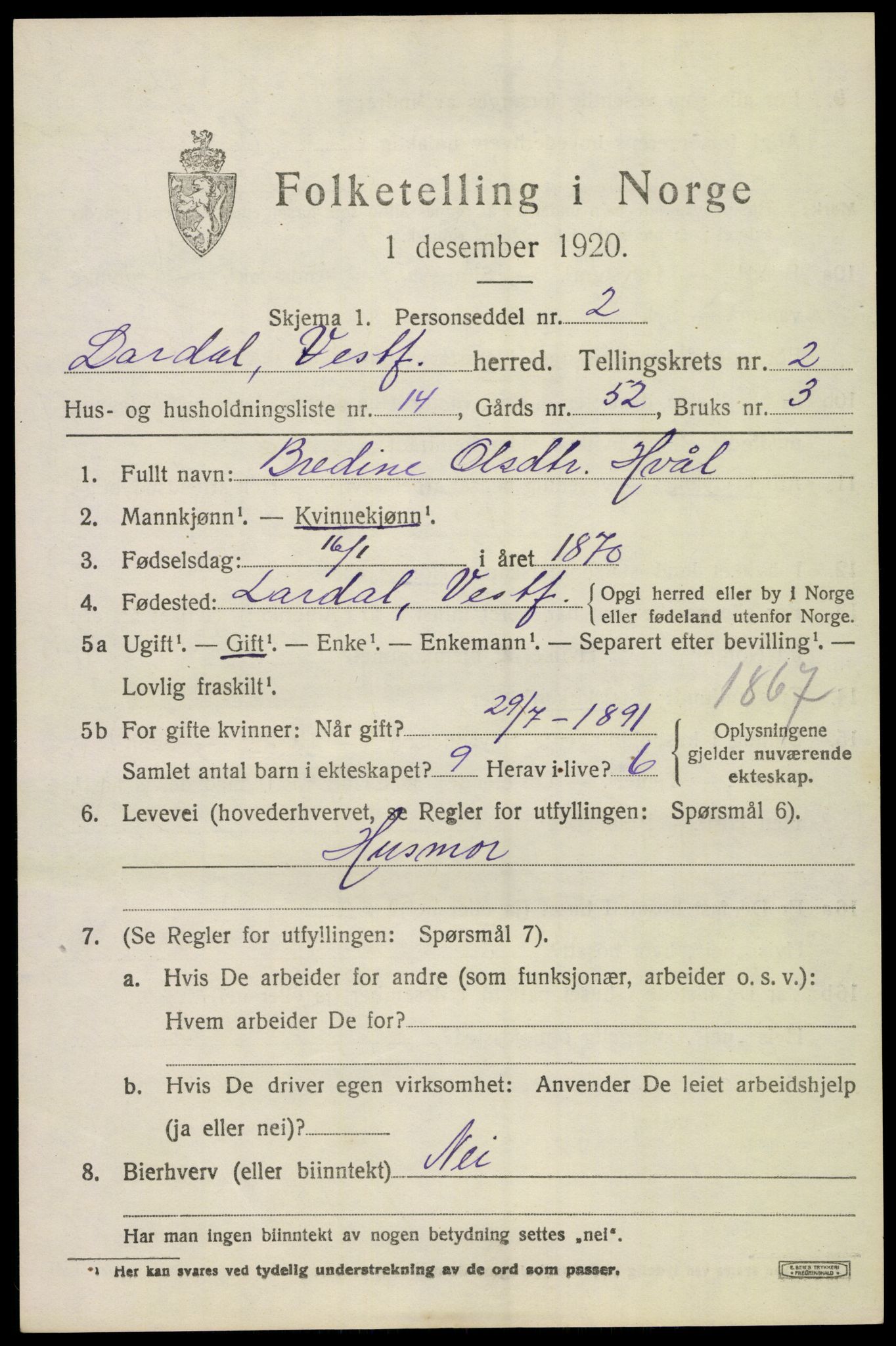 SAKO, 1920 census for Lardal, 1920, p. 2133