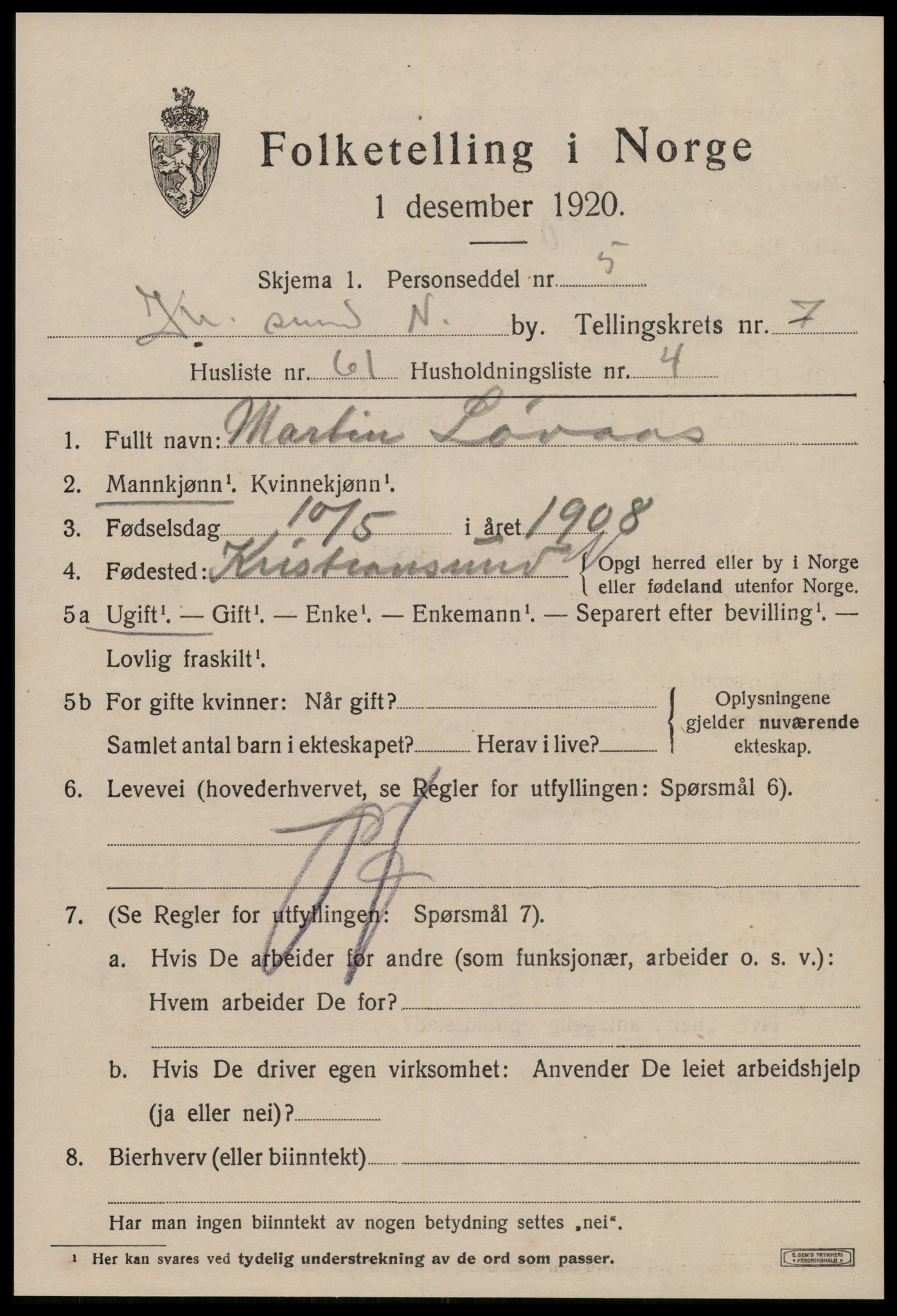 SAT, 1920 census for Kristiansund, 1920, p. 19821