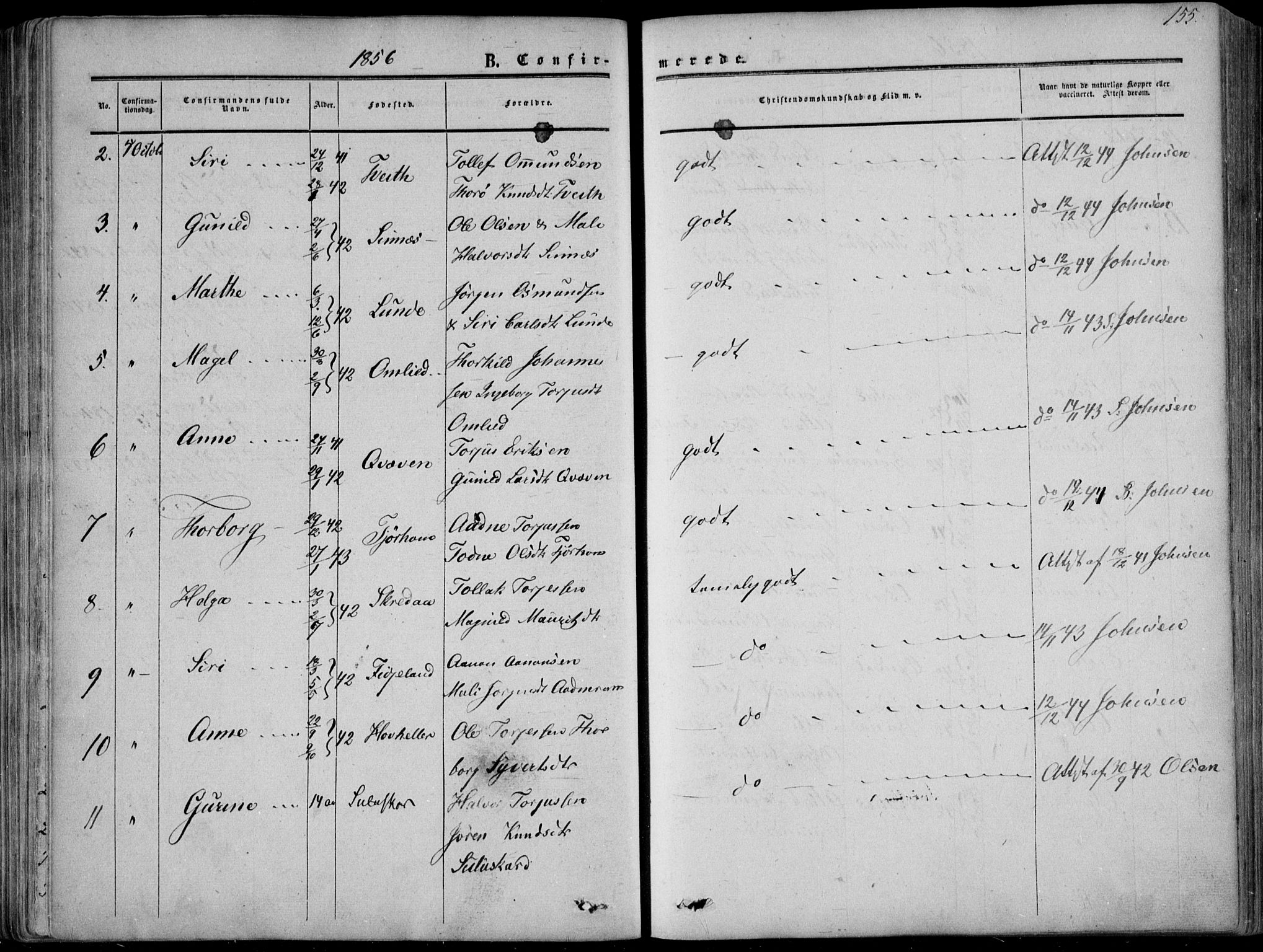 Sirdal sokneprestkontor, AV/SAK-1111-0036/F/Fa/Fab/L0002: Parish register (official) no. A 2, 1855-1874, p. 155