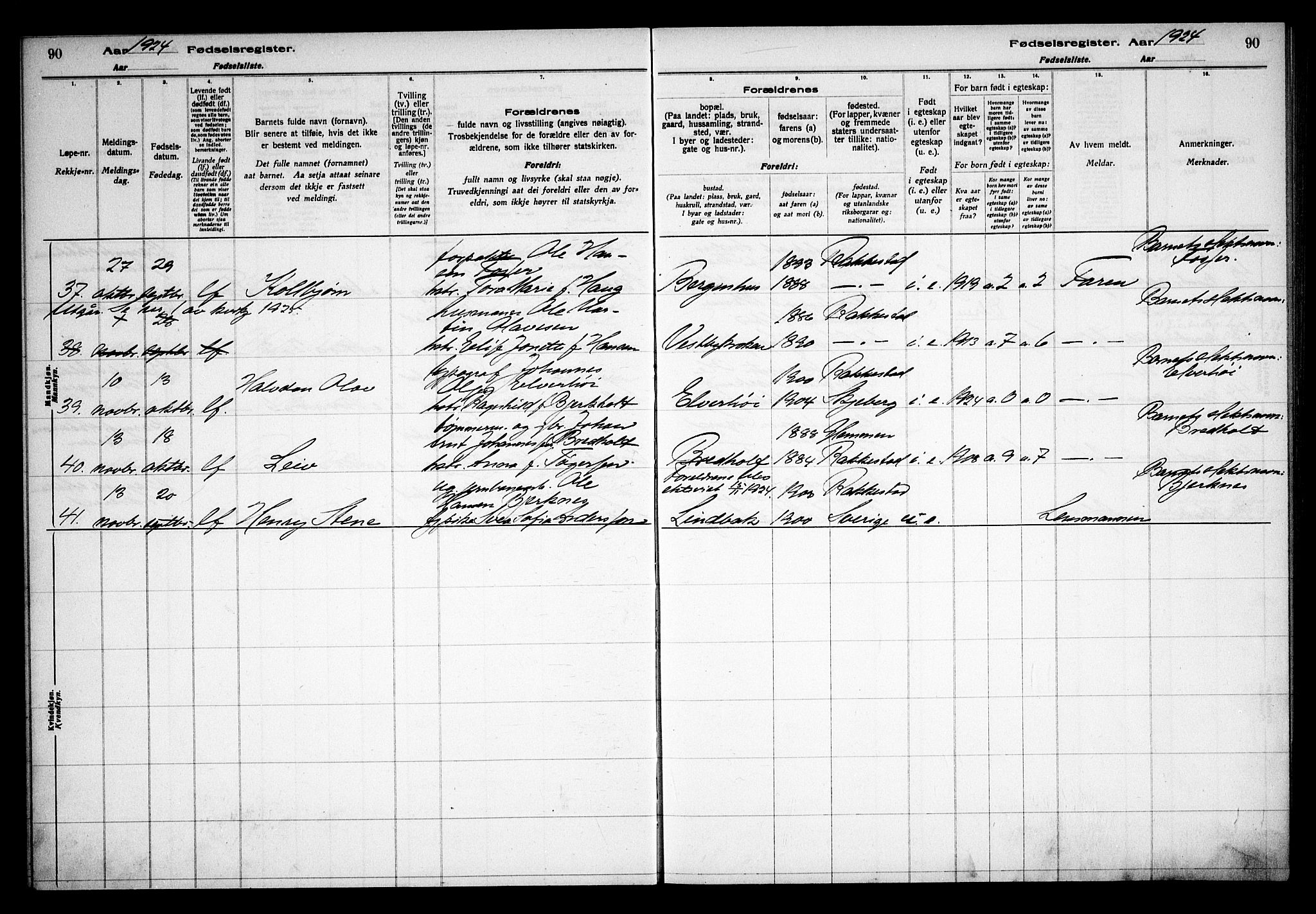 Rakkestad prestekontor Kirkebøker, AV/SAO-A-2008/J/Ja/L0001: Birth register no. I 1, 1916-1936, p. 90