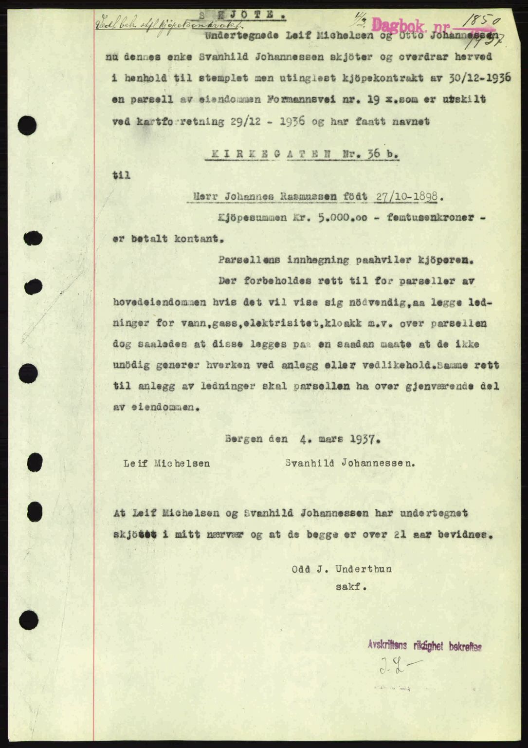 Byfogd og Byskriver i Bergen, SAB/A-3401/03/03Bc/L0004: Mortgage book no. A3-4, 1936-1937, Diary no: : 1850/1937