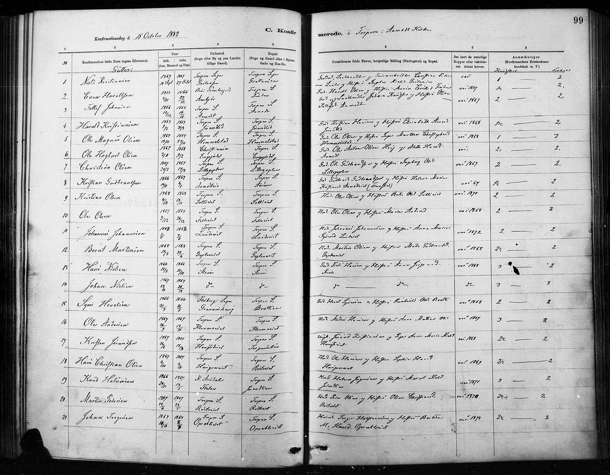 Nordre Land prestekontor, SAH/PREST-124/H/Ha/Haa/L0004: Parish register (official) no. 4, 1882-1896, p. 99