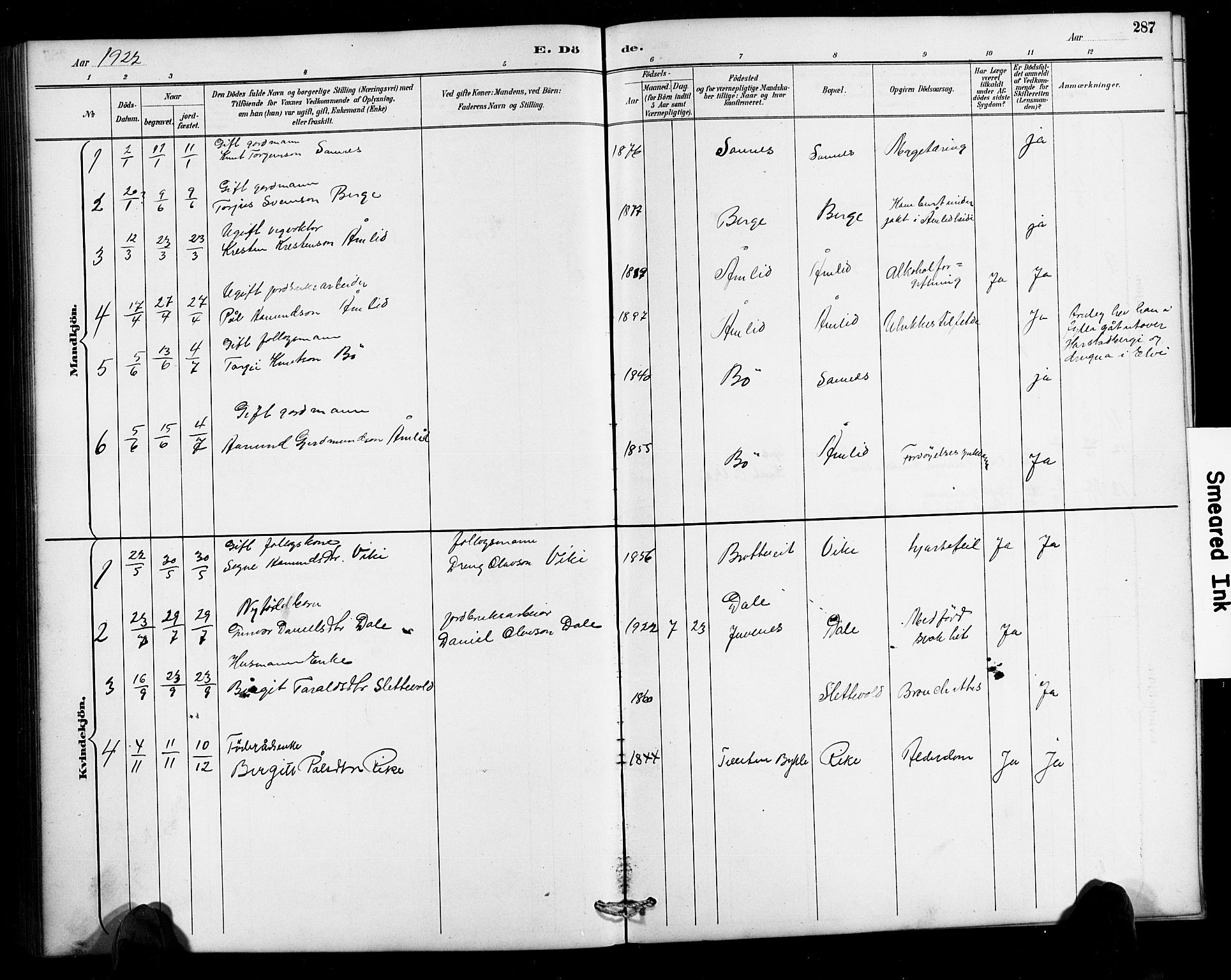 Valle sokneprestkontor, SAK/1111-0044/F/Fb/Fbc/L0004: Parish register (copy) no. B 4, 1890-1928, p. 287