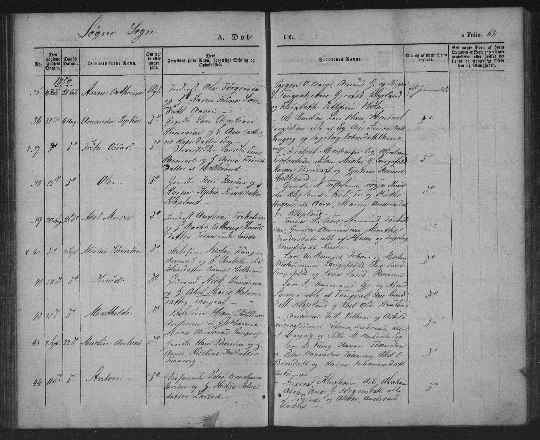 Søgne sokneprestkontor, AV/SAK-1111-0037/F/Fa/Fab/L0009: Parish register (official) no. A 9, 1838-1853, p. 62