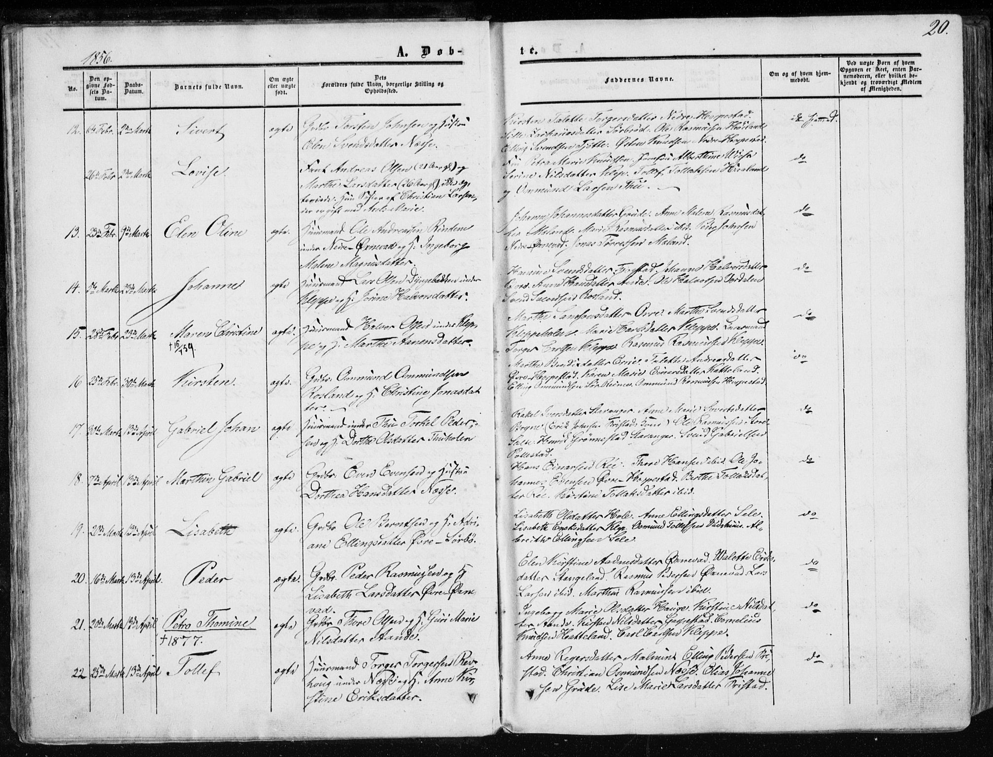 Klepp sokneprestkontor, AV/SAST-A-101803/001/3/30BA/L0005: Parish register (official) no. A 5, 1853-1870, p. 20