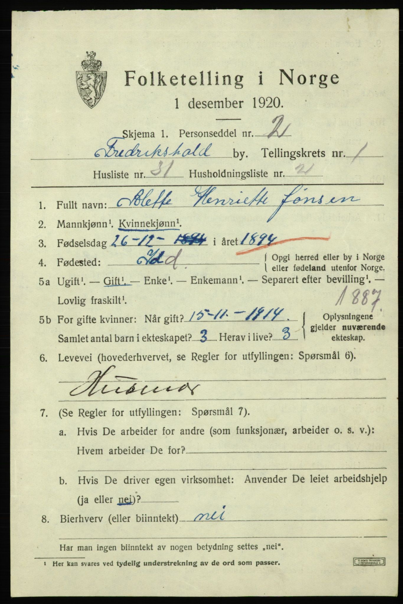 SAO, 1920 census for Fredrikshald, 1920, p. 8648