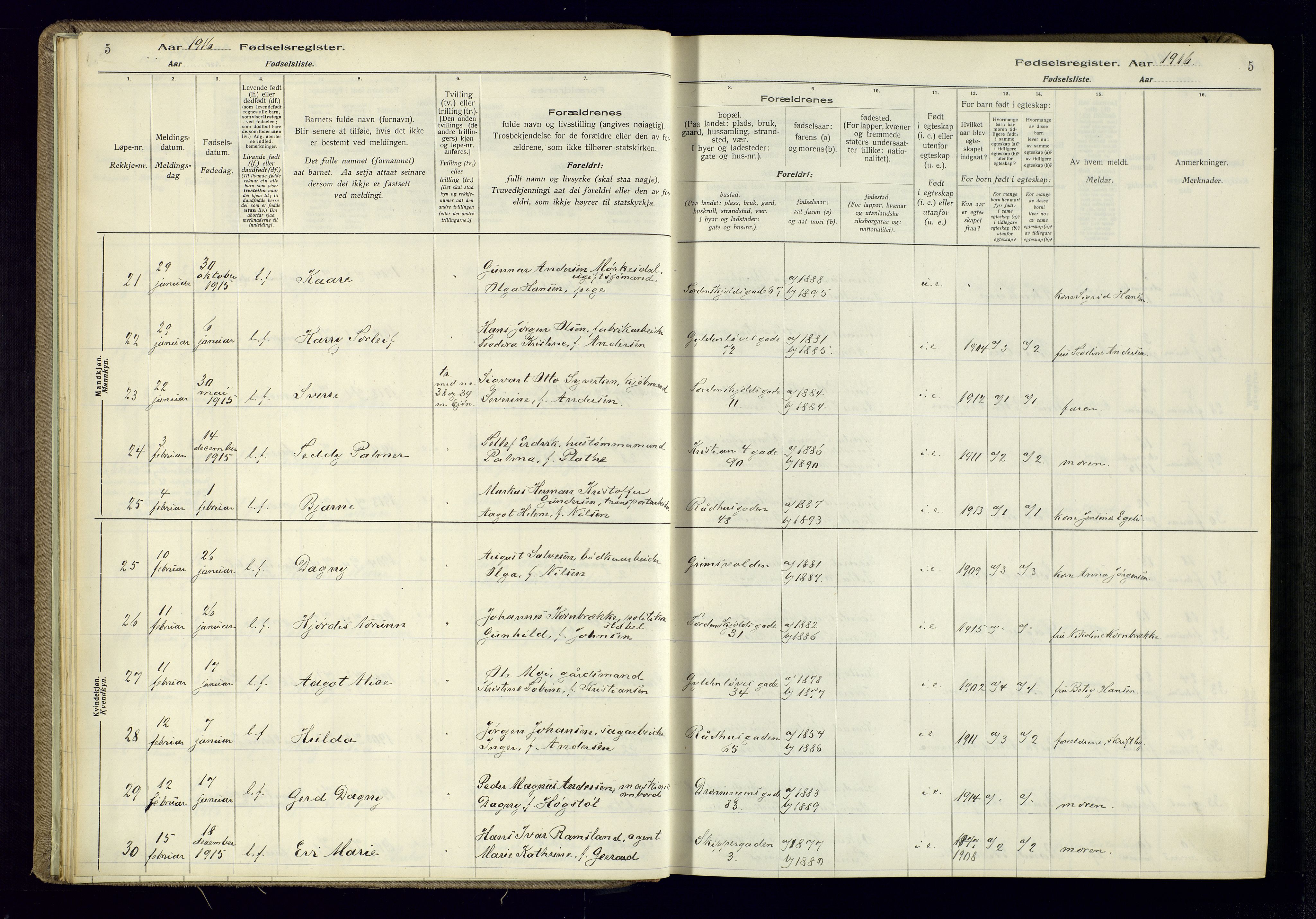 Kristiansand domprosti, AV/SAK-1112-0006/J/Jc/L0001: Birth register no. A-VI-45, 1916-1921, p. 5