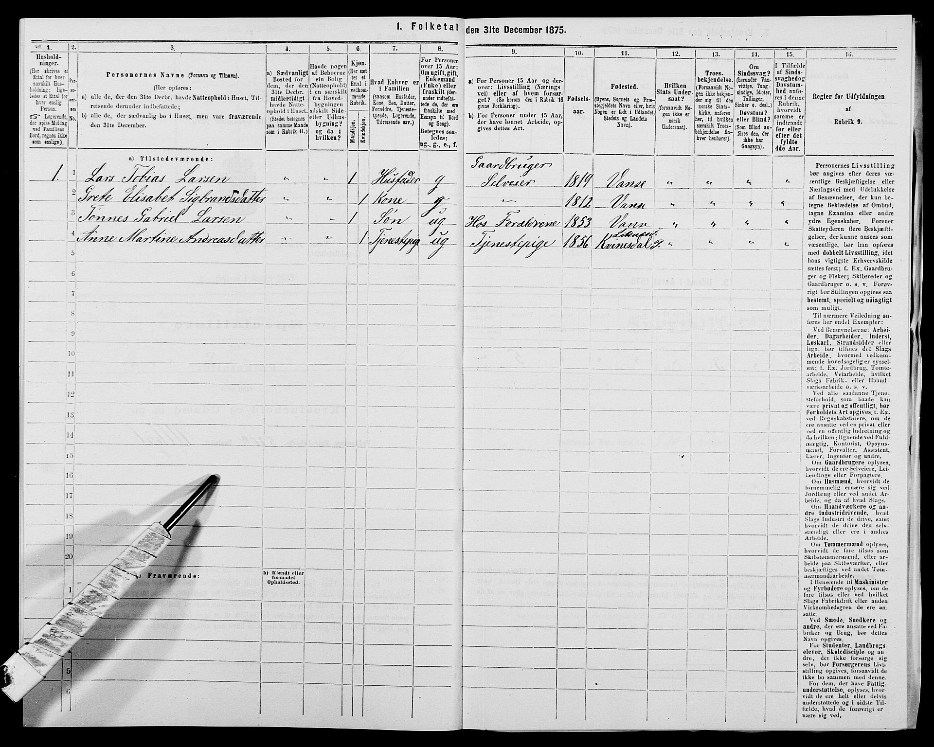 SAK, 1875 census for 1041L Vanse/Vanse og Farsund, 1875, p. 1997