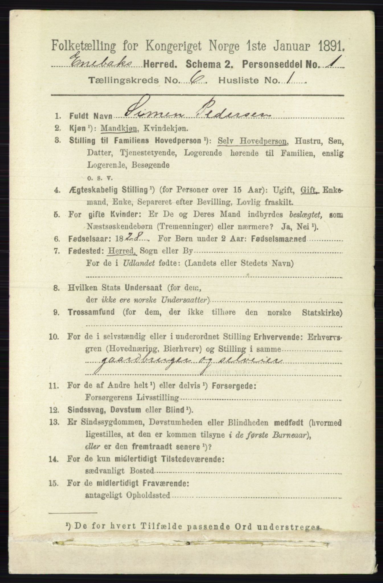 RA, 1891 census for 0229 Enebakk, 1891, p. 2898