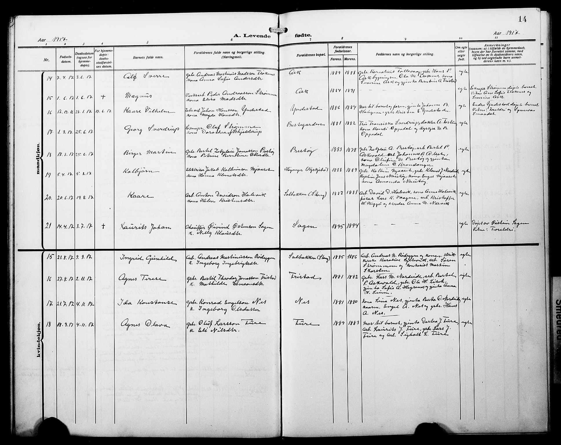 Askvoll sokneprestembete, SAB/A-79501/H/Hab/Haba/L0004: Parish register (copy) no. A 4, 1913-1929, p. 14