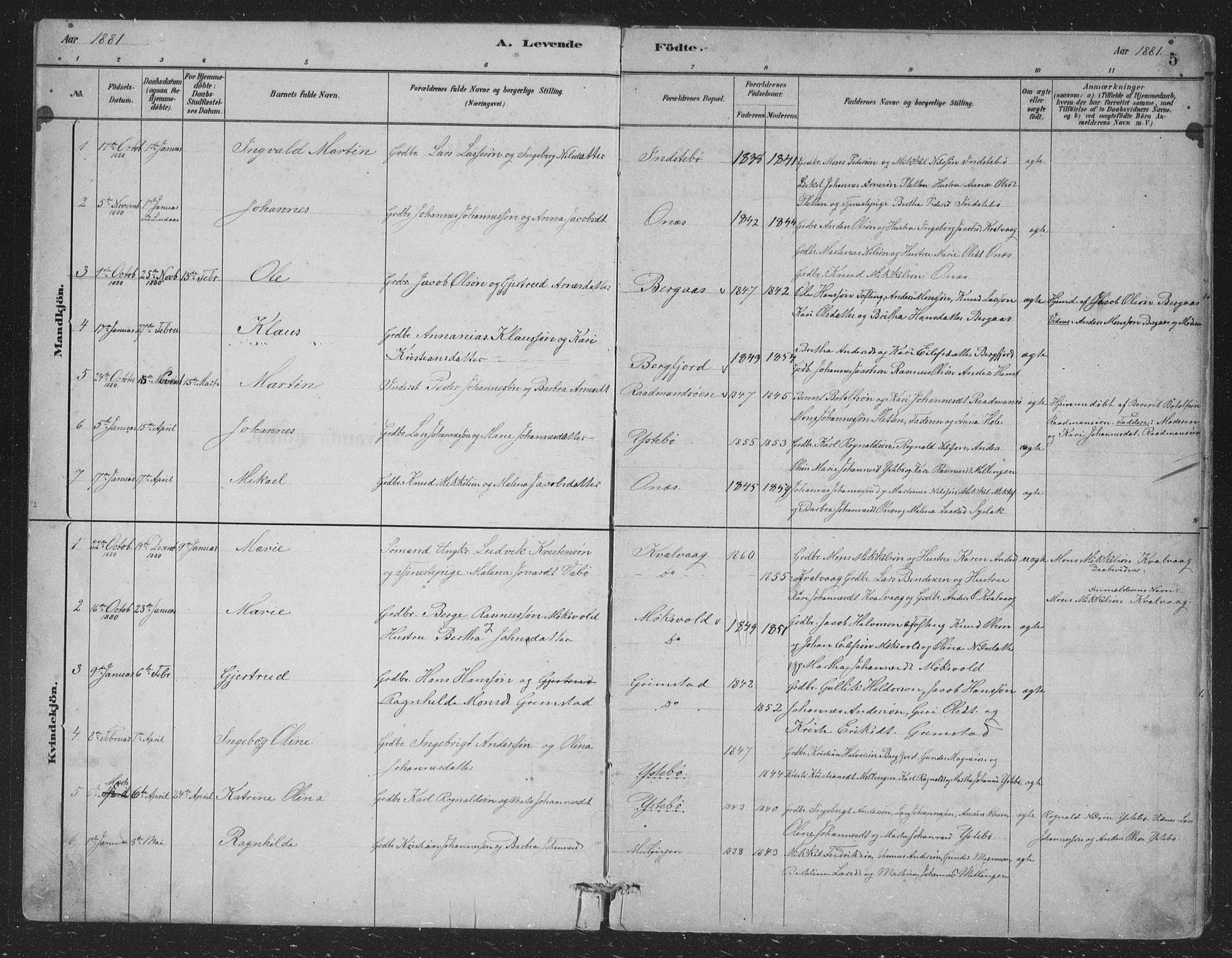 Alversund Sokneprestembete, SAB/A-73901/H/Ha/Hab: Parish register (copy) no. B 3, 1881-1896, p. 5