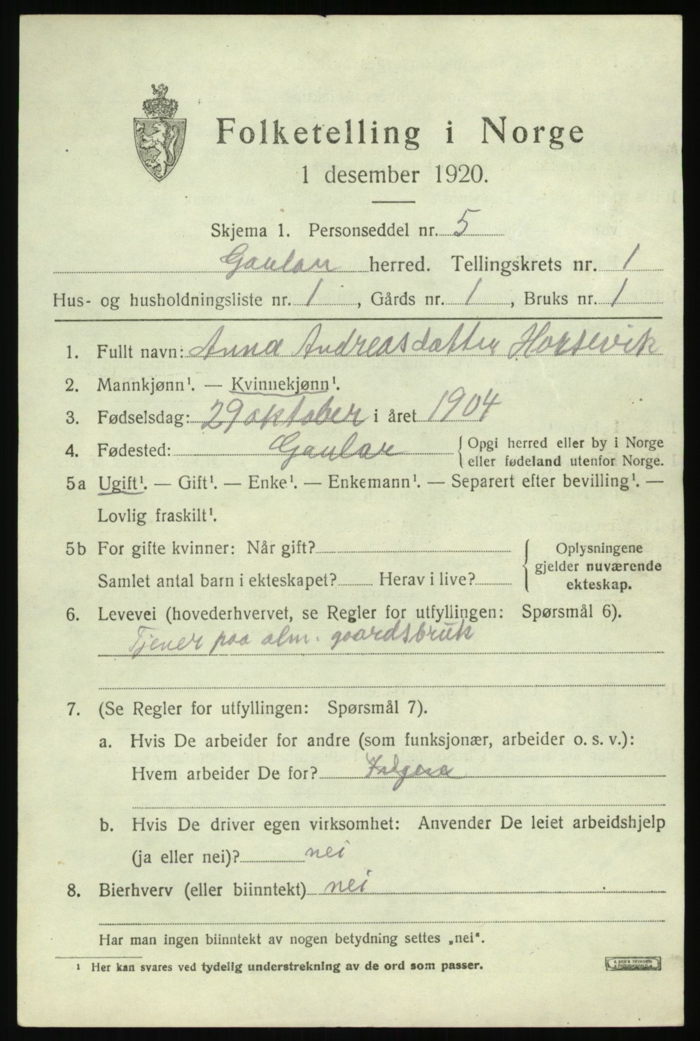 SAB, 1920 census for Gaular, 1920, p. 1274