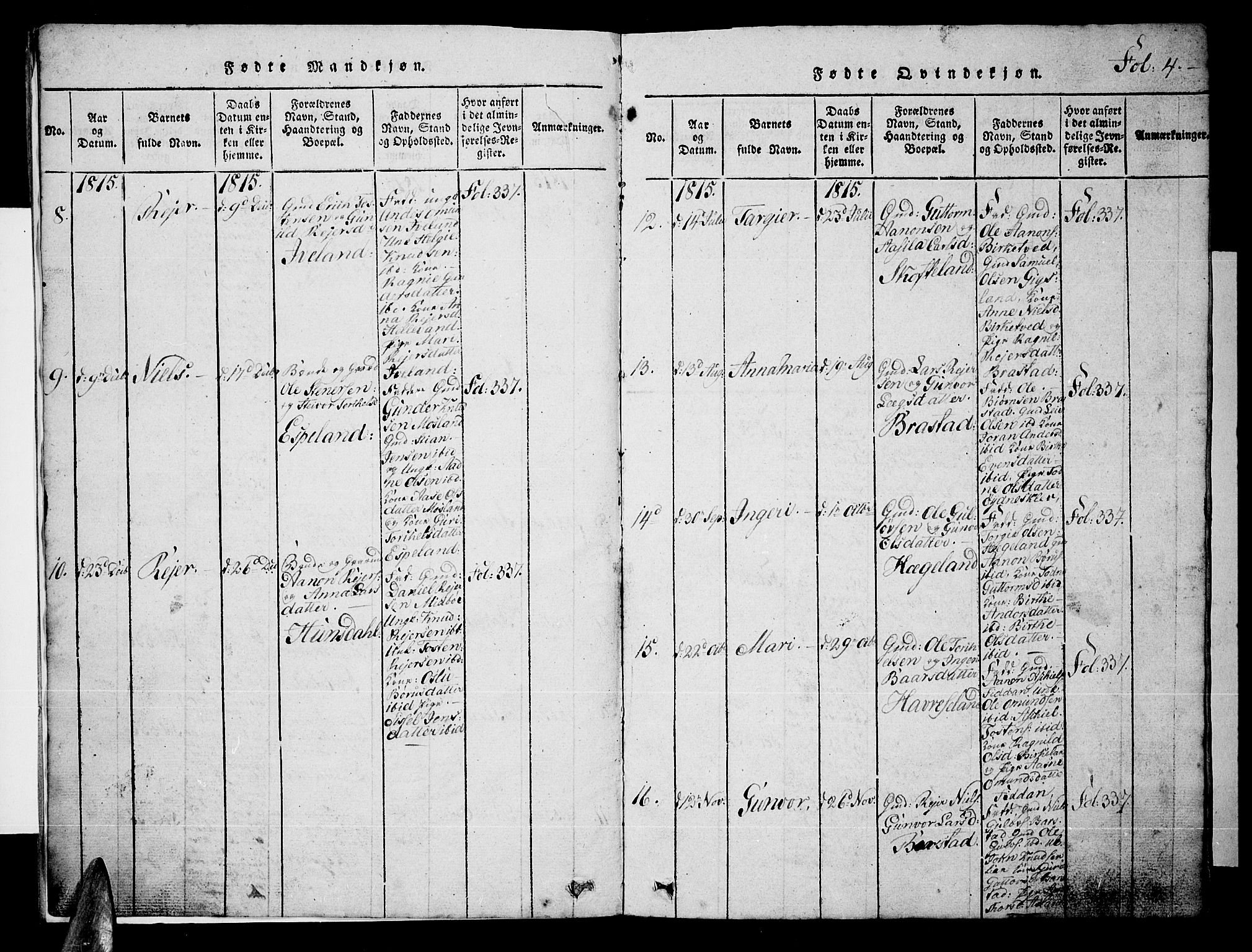 Nord-Audnedal sokneprestkontor, SAK/1111-0032/F/Fb/Fba/L0001: Parish register (copy) no. B 1, 1815-1856, p. 4